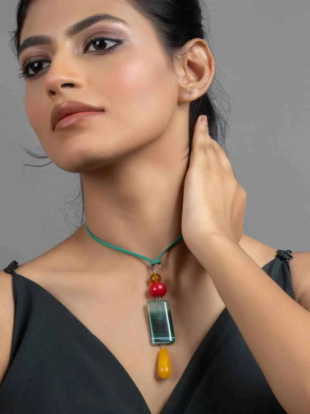 Yellow Green Red Jade Onyx Sleek Necklace with Adjustable Suede Cord