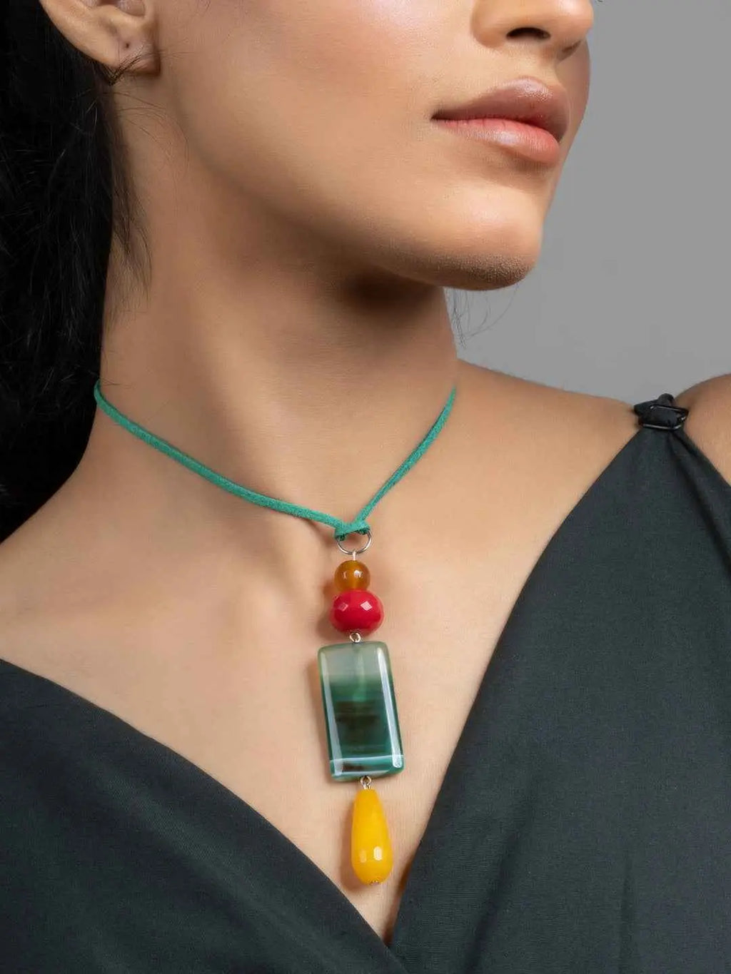 Yellow Green Red Jade Onyx Sleek Necklace with Adjustable Suede Cord