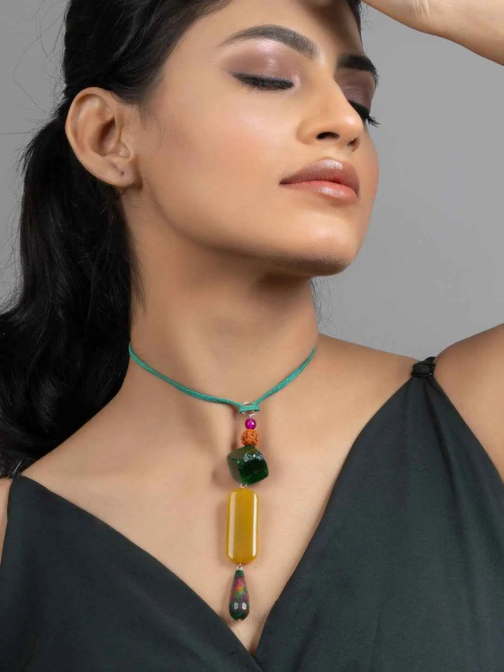 Yellow Green Brown Jade Onyx Sleek Necklace with Adjustable Suede Cord