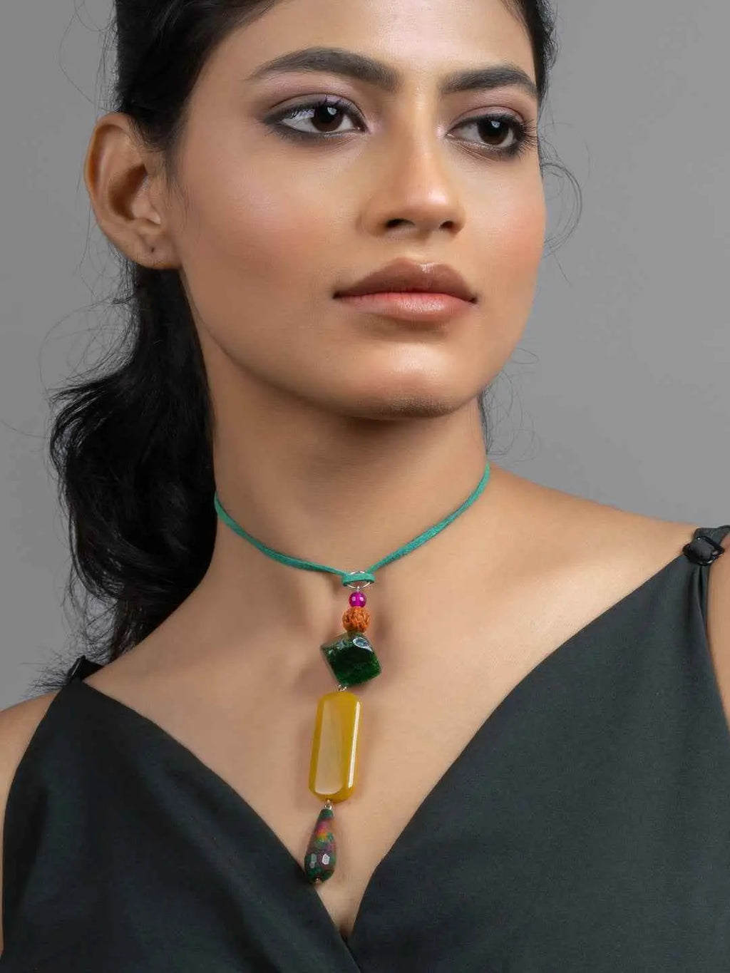 Yellow Green Brown Jade Onyx Sleek Necklace with Adjustable Suede Cord