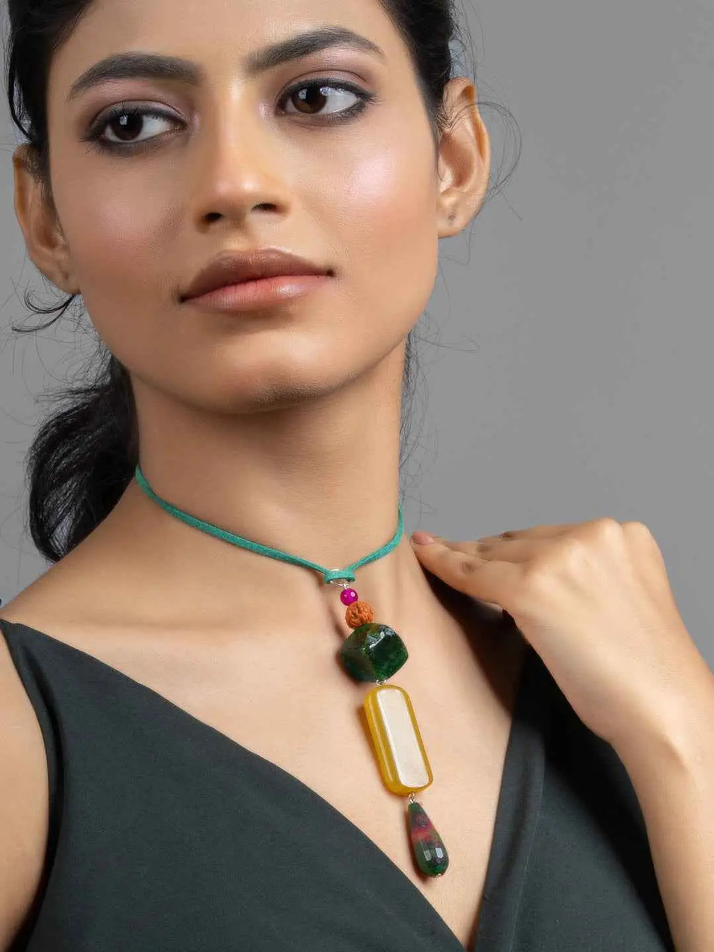 Yellow Green Brown Jade Onyx Sleek Necklace with Adjustable Suede Cord