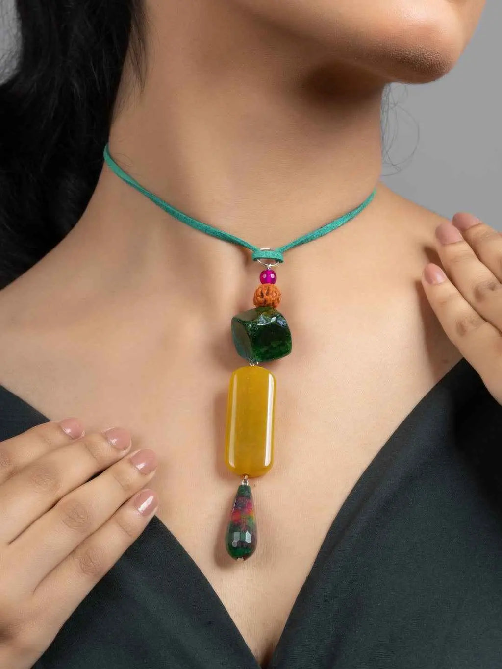 Yellow Green Brown Jade Onyx Sleek Necklace with Adjustable Suede Cord
