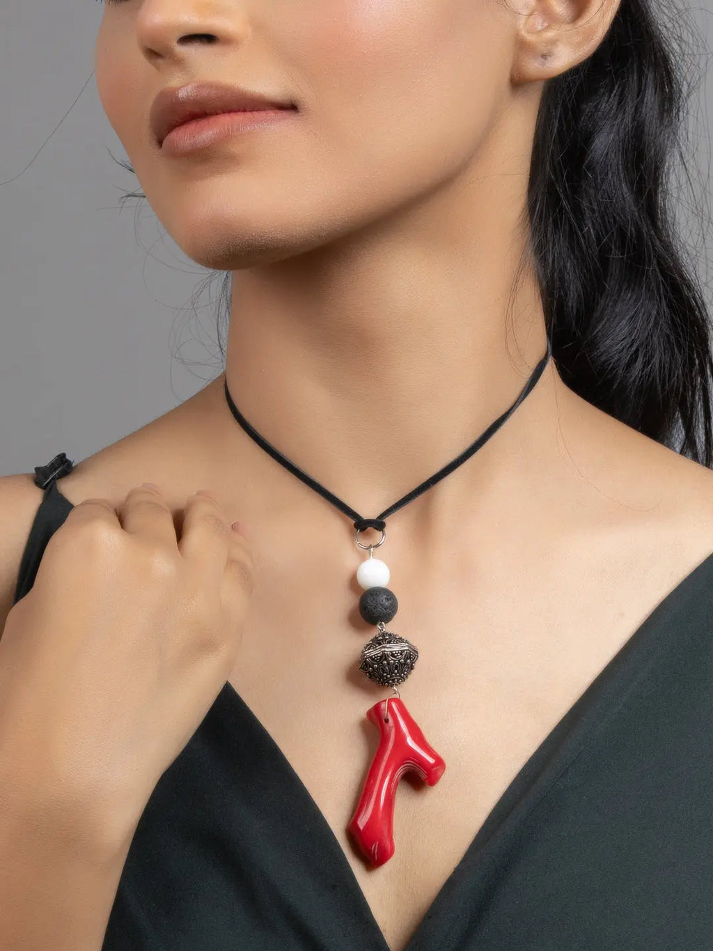 Red Black White Coral Lava  Mother of Pearl Sleek Necklace with Adjustable Suede Cord - Lookandadorn.com