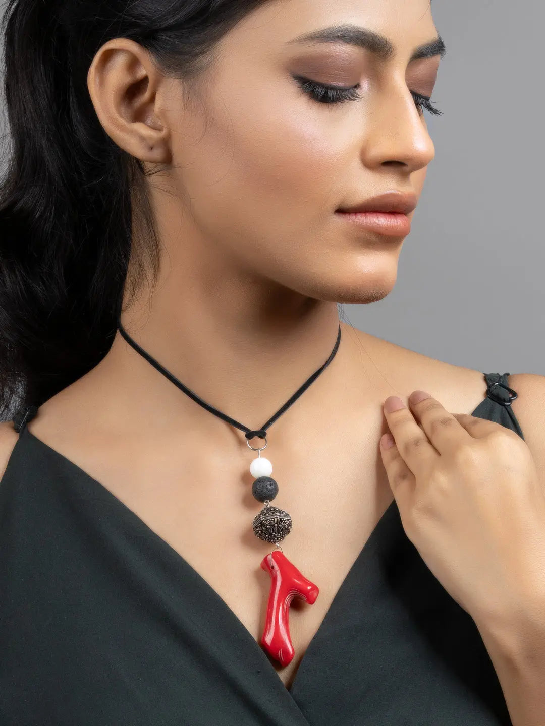 Red Black White Coral Lava  Mother of Pearl Sleek Necklace with Adjustable Suede Cord - Lookandadorn.com