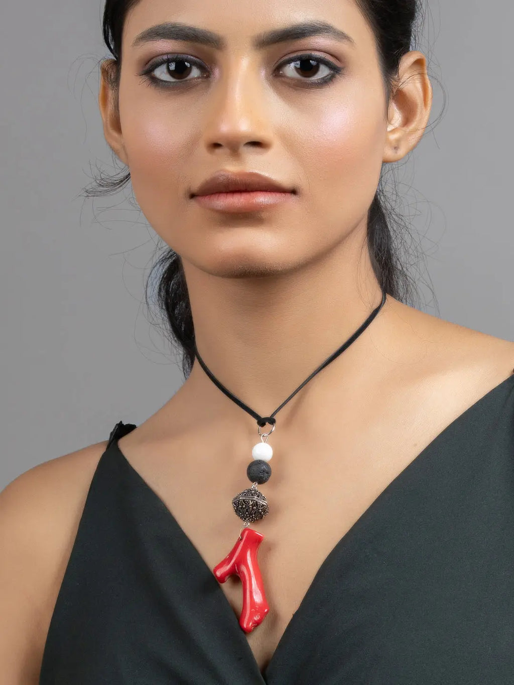 Red Black White Coral Lava  Mother of Pearl Sleek Necklace with Adjustable Suede Cord - Lookandadorn.com