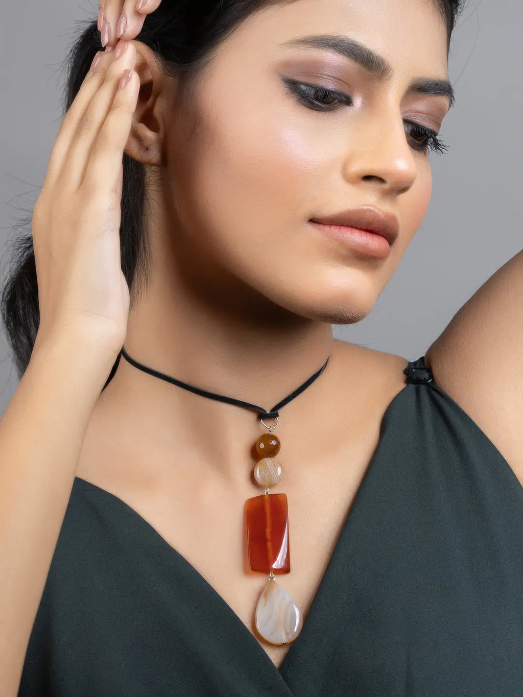 Shades of Brown Jade Onyx Sleek Necklace with Adjustable Suede Cord - Lookandadorn.com