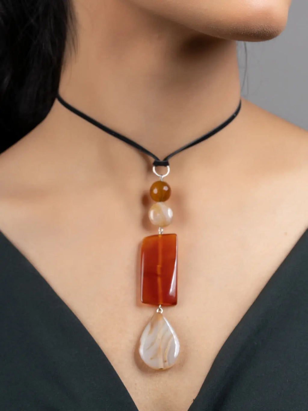 Shades of Brown Jade Onyx Sleek Necklace with Adjustable Suede Cord - Lookandadorn.com