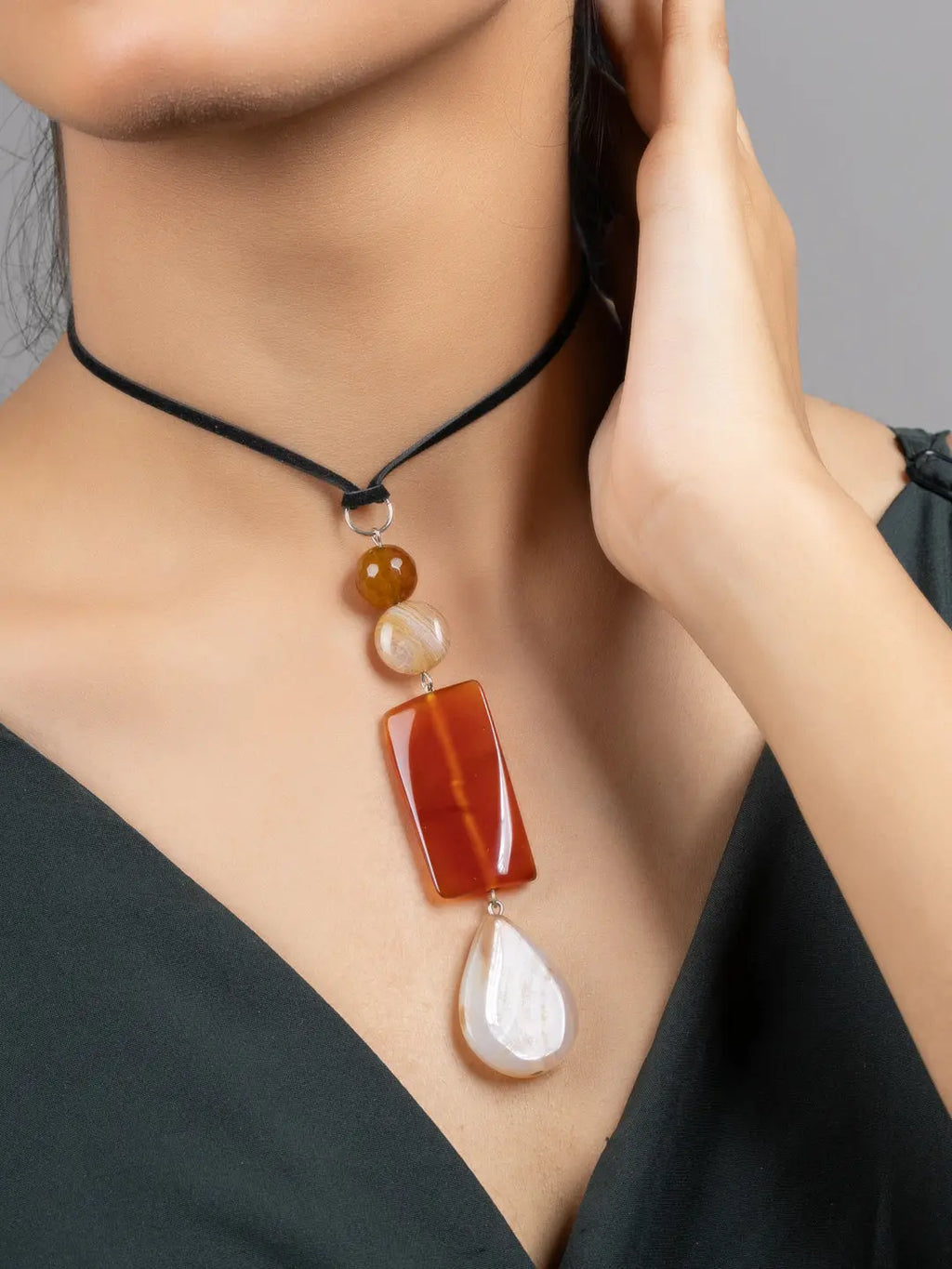 Shades of Brown Jade Onyx Sleek Necklace with Adjustable Suede Cord - Lookandadorn.com