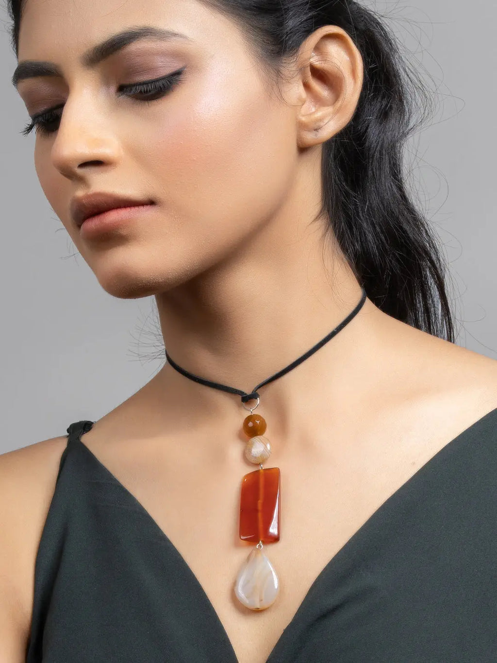 Shades of Brown Jade Onyx Sleek Necklace with Adjustable Suede Cord - Lookandadorn.com