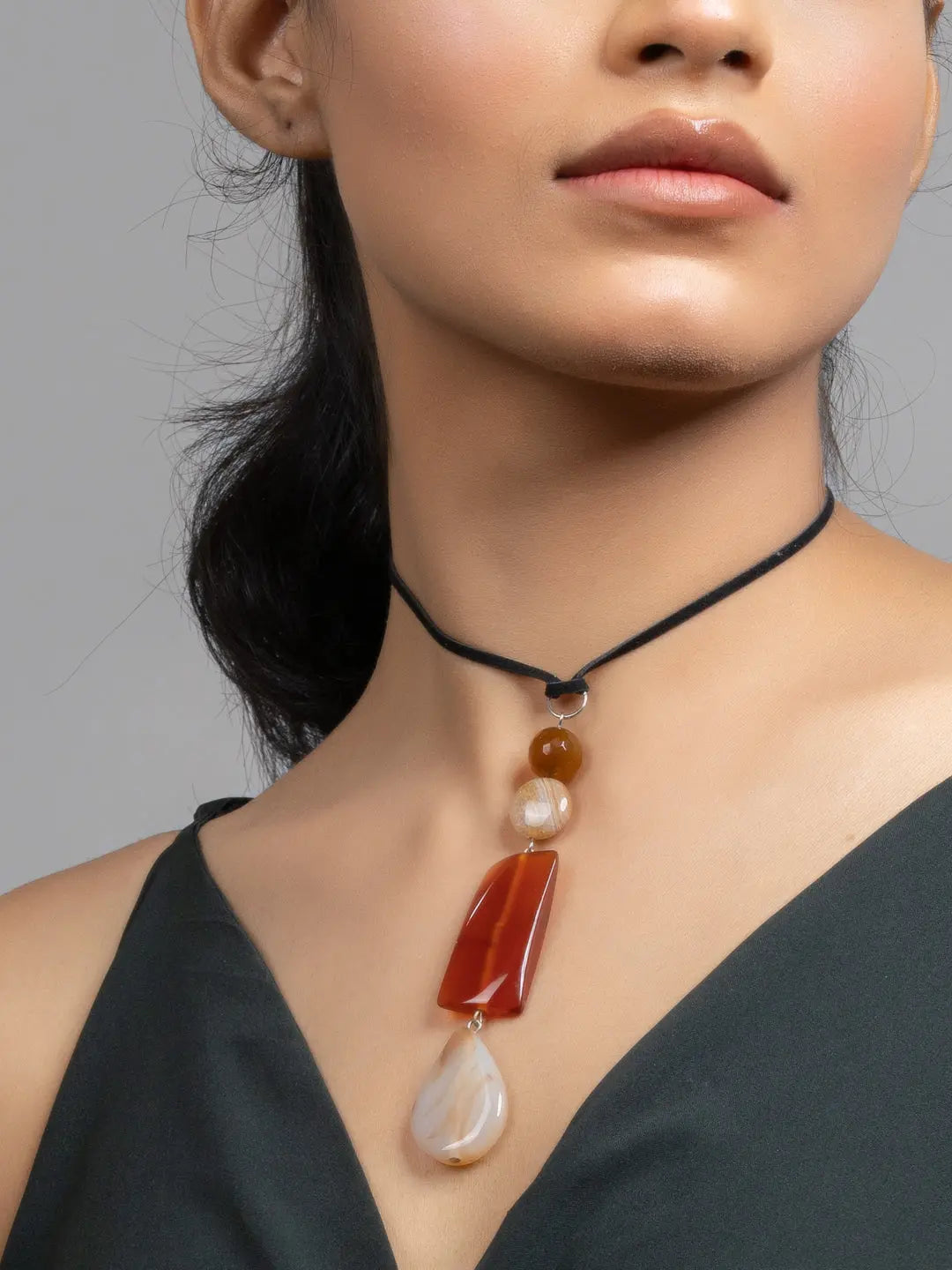 Shades of Brown Jade Onyx Sleek Necklace with Adjustable Suede Cord - Lookandadorn.com
