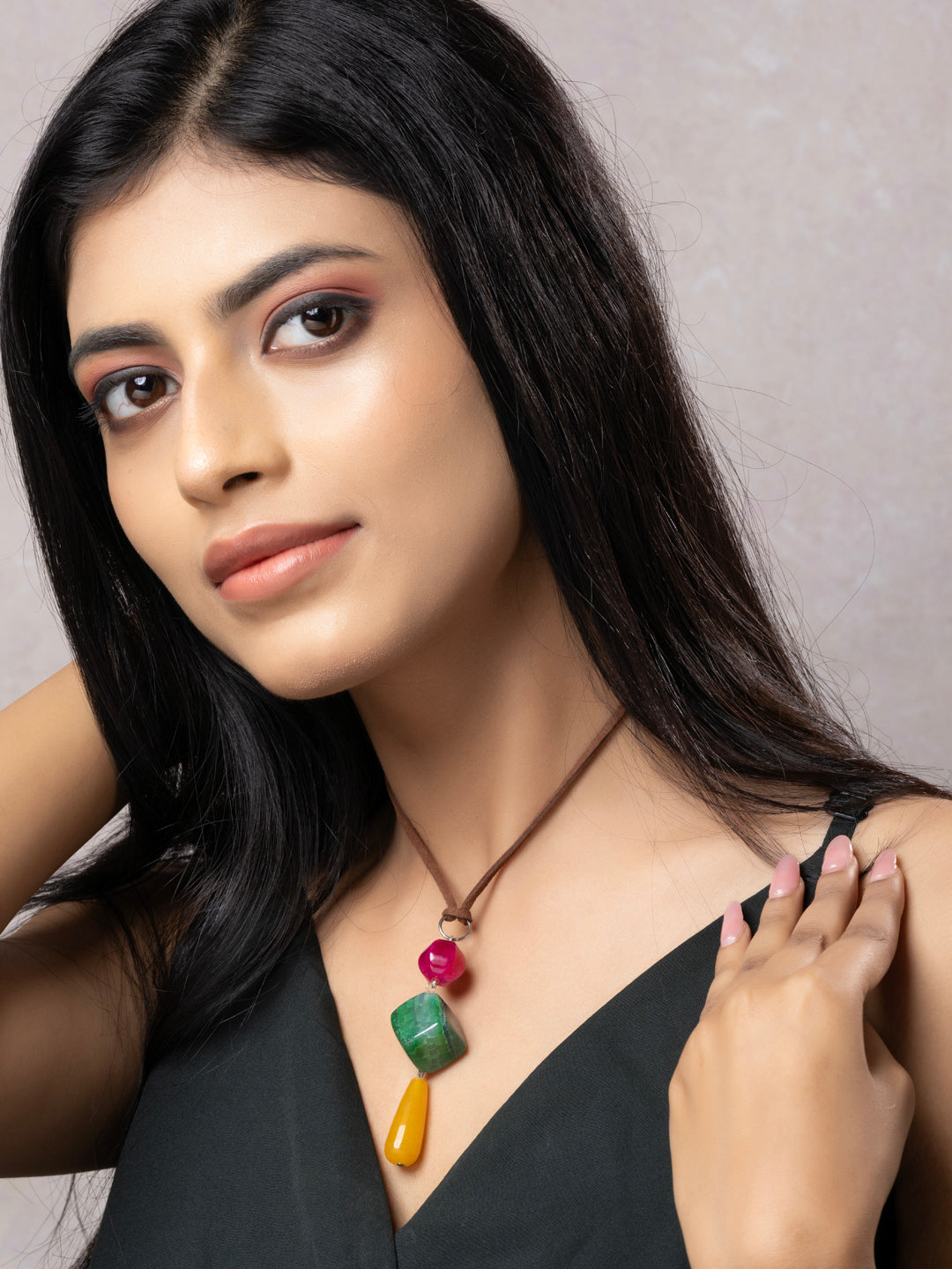 Semi Precious Pink Green Yellow Onyx Agate Sleek Necklace with adjustable Suede Cord LOOK AND ADORN - designed for you