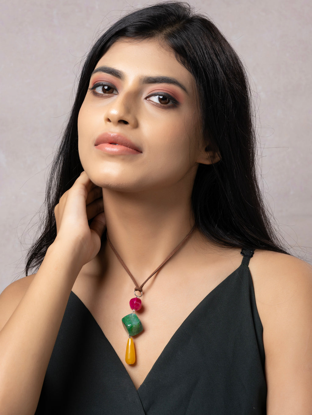Semi Precious Pink Green Yellow Onyx Agate Sleek Necklace with adjustable Suede Cord LOOK AND ADORN - designed for you