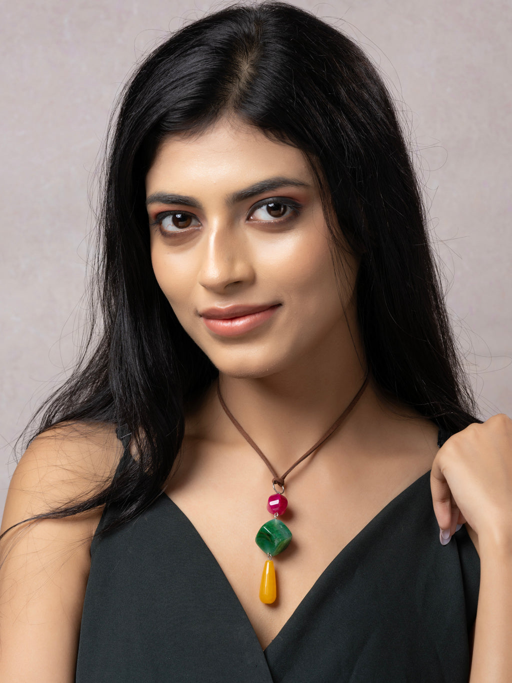 Semi Precious Pink Green Yellow Onyx Agate Sleek Necklace with adjustable Suede Cord LOOK AND ADORN - designed for you