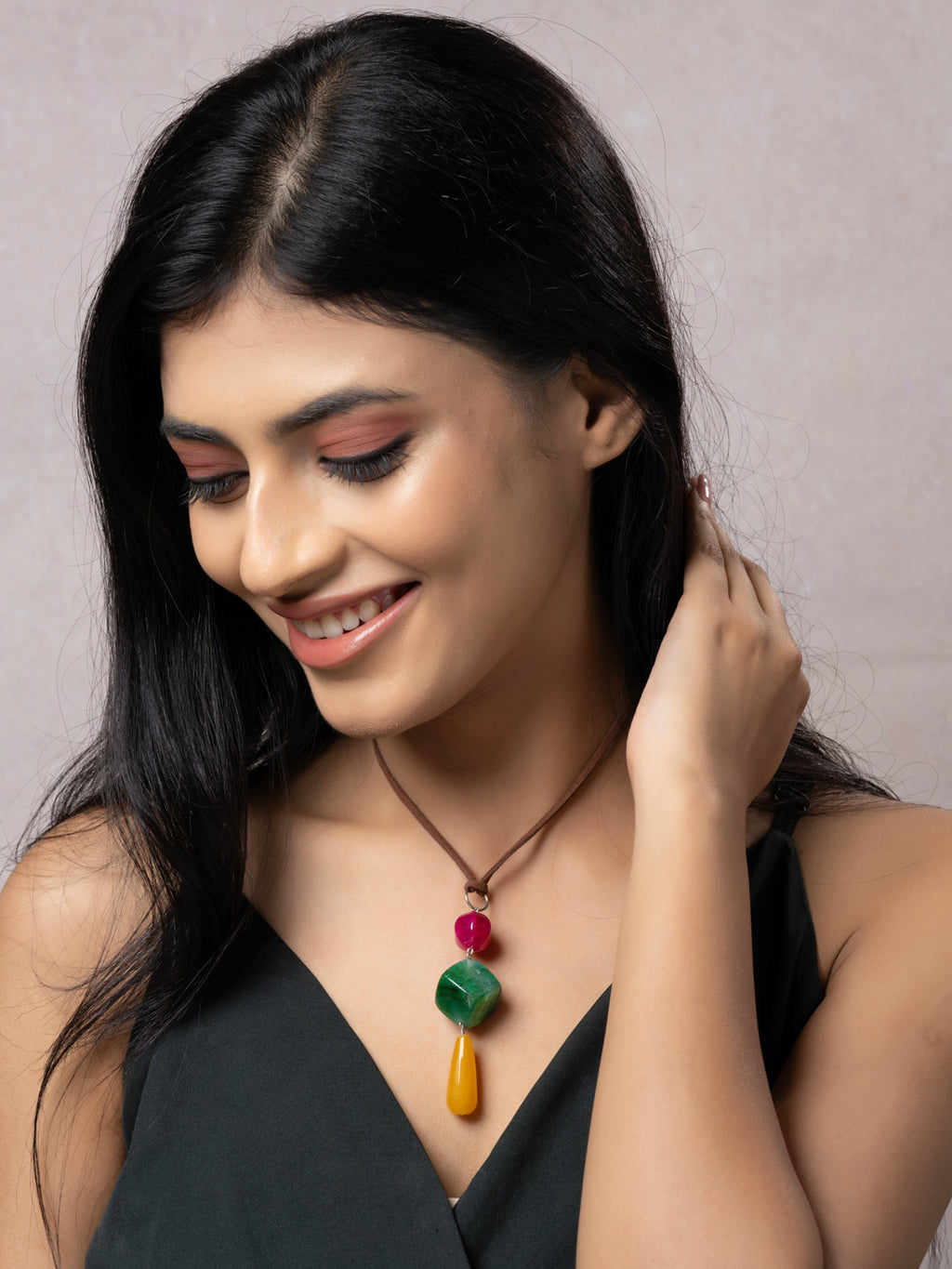 Semi Precious Pink Green Yellow Onyx Agate Sleek Necklace with adjustable Suede Cord LOOK AND ADORN - designed for you