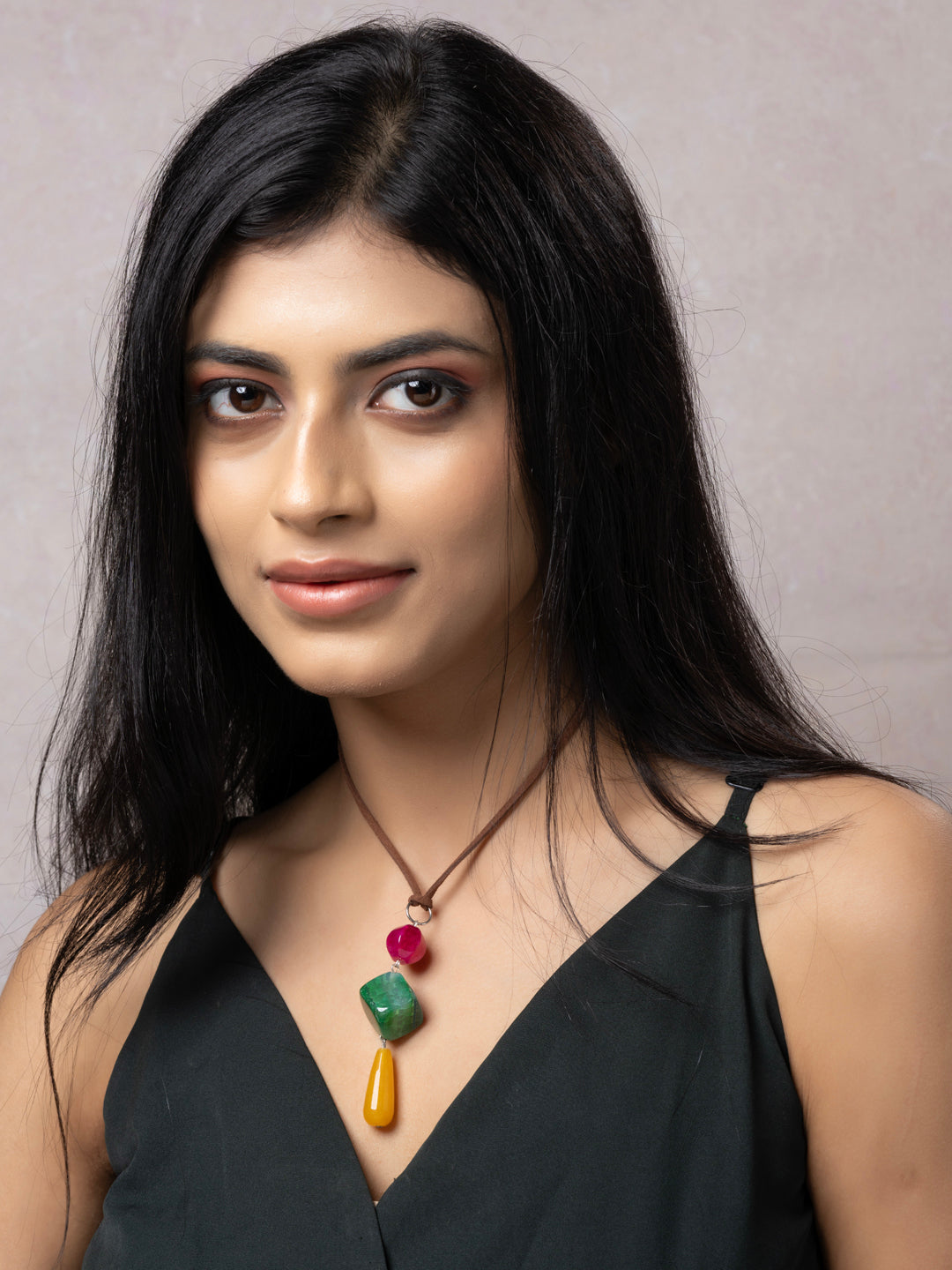 Semi Precious Pink Green Yellow Onyx Agate Sleek Necklace with adjustable Suede Cord LOOK AND ADORN - designed for you