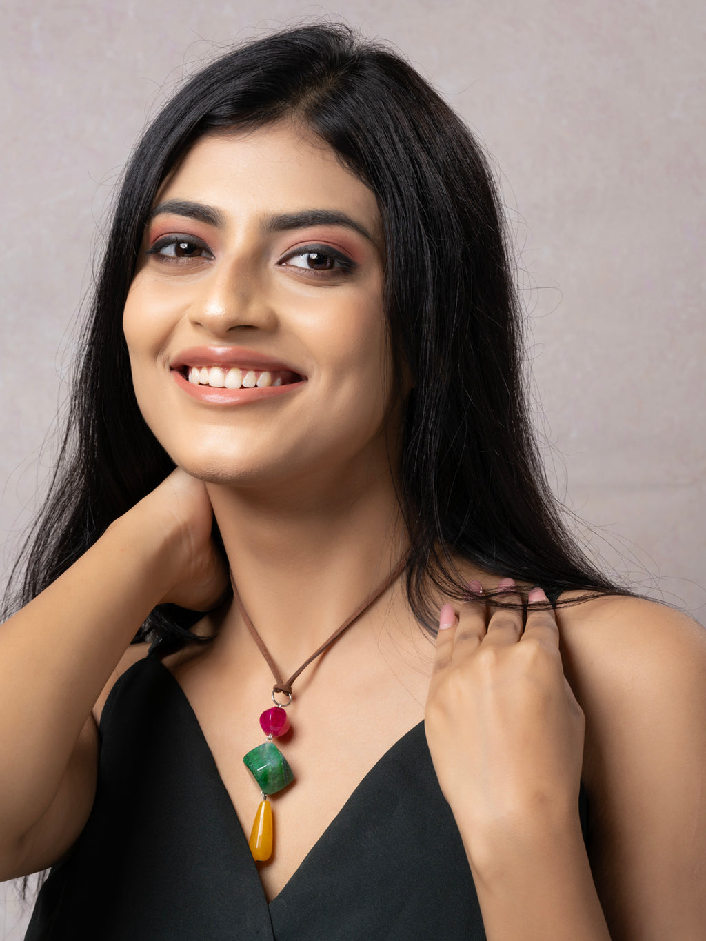 Semi Precious Pink Green Yellow Onyx Agate Sleek Necklace with adjustable Suede Cord LOOK AND ADORN - designed for you