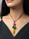Semi Precious Pink Green Yellow Onyx Agate Sleek Necklace with adjustable Suede Cord LOOK AND ADORN - designed for you
