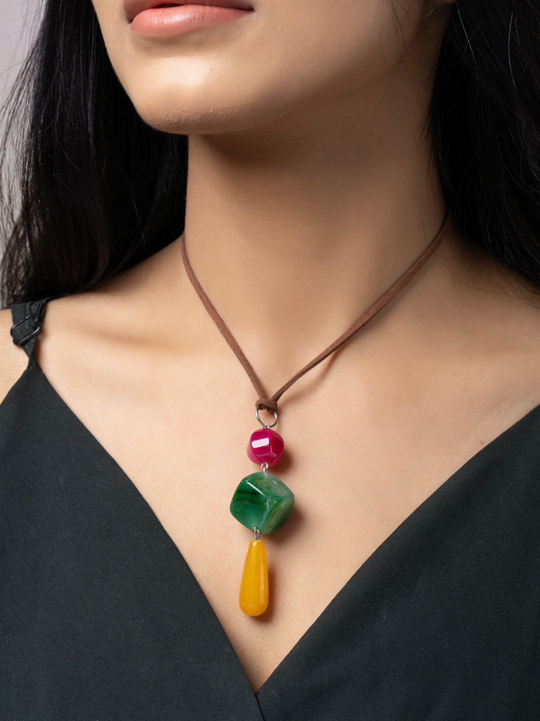 Semi Precious Pink Green Yellow Onyx Agate Sleek Necklace with adjustable Suede Cord LOOK AND ADORN - designed for you
