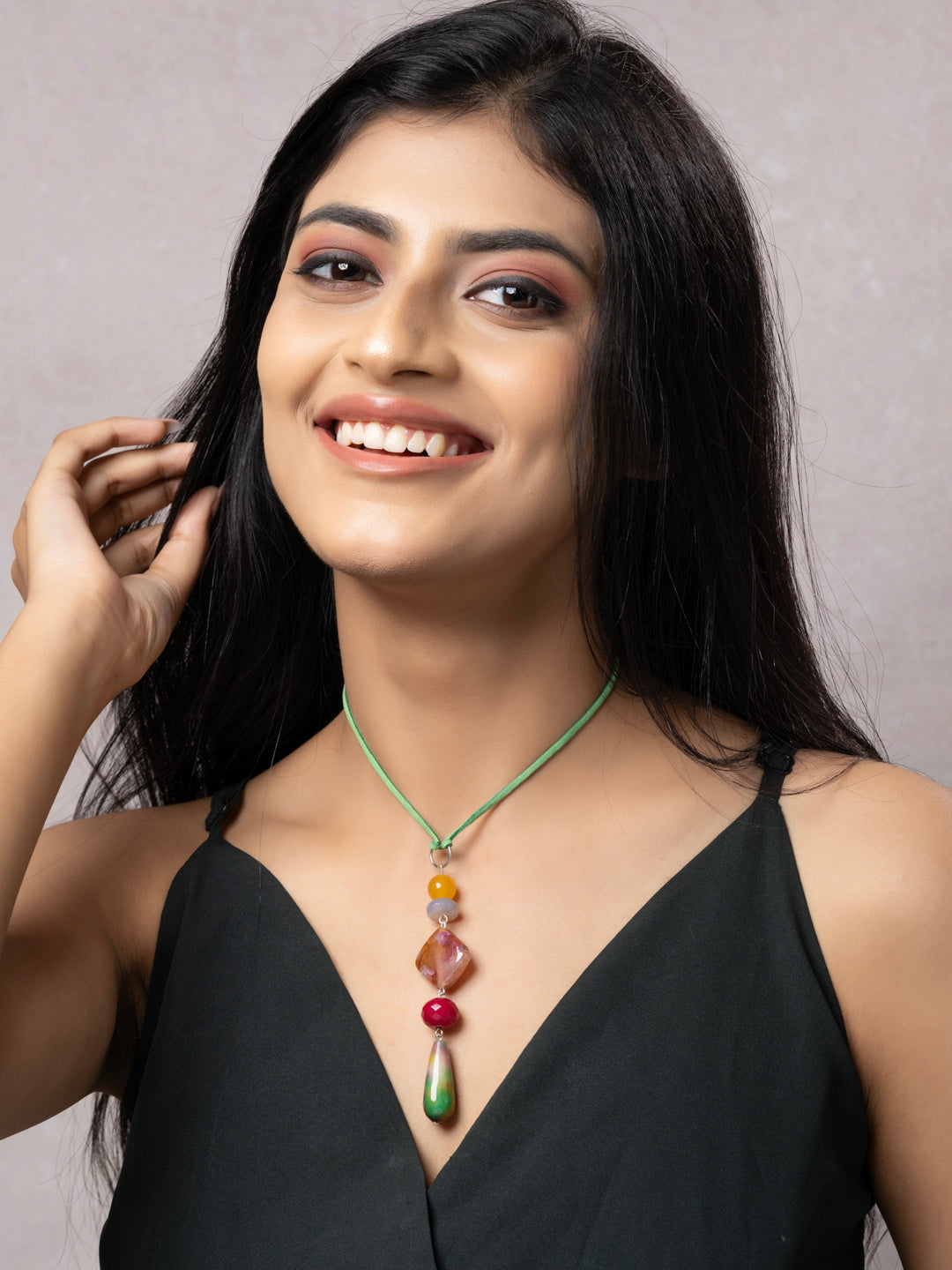 Semi Precious Yellow Pink Green Onyx Agate Sleek necklace with adjustable Suede Cord LOOK AND ADORN - designed for you