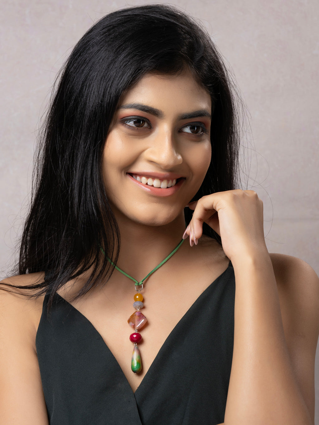 Semi Precious Yellow Pink Green Onyx Agate Sleek necklace with adjustable Suede Cord LOOK AND ADORN - designed for you