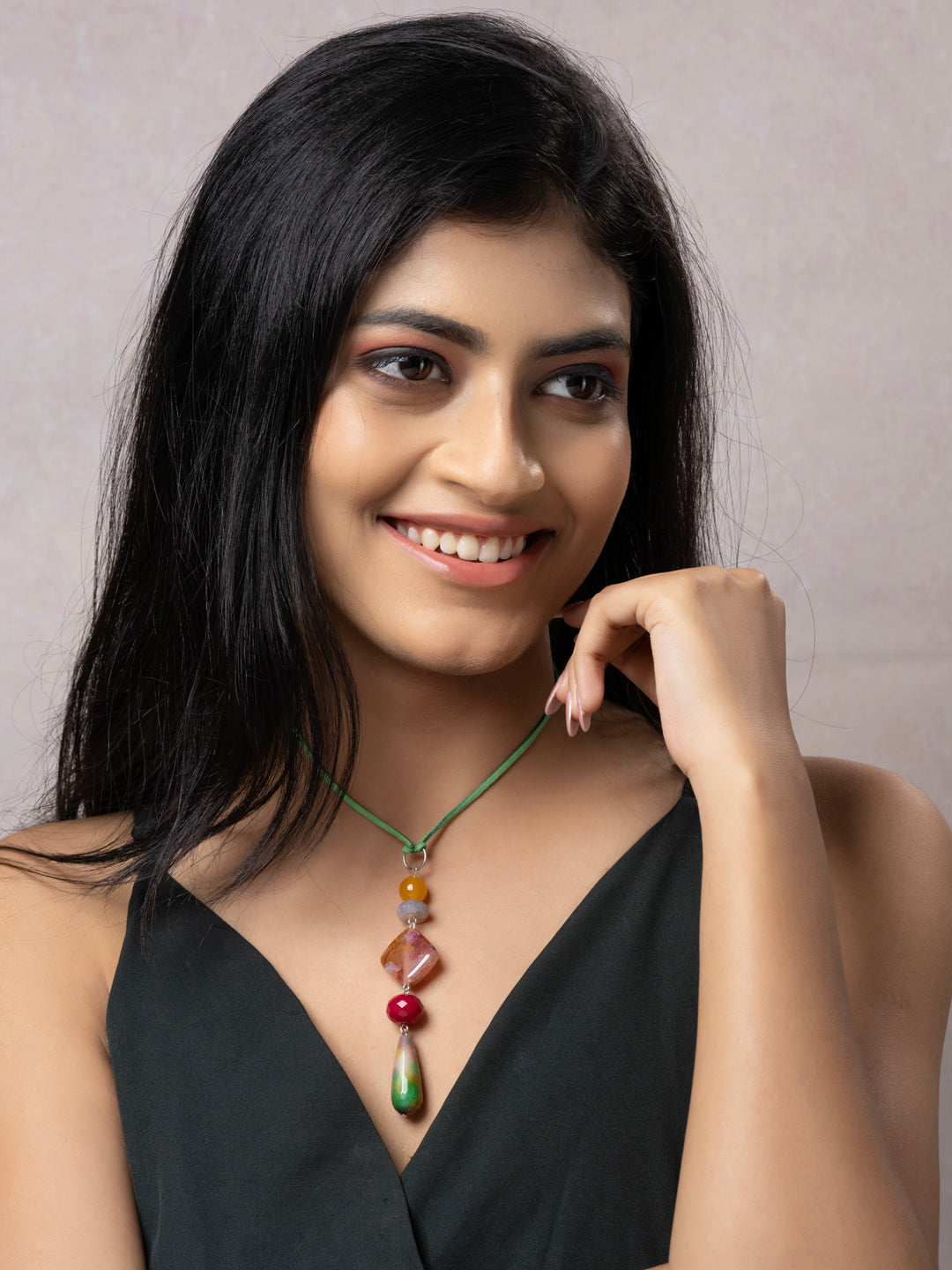 Semi Precious Yellow Pink Green Onyx Agate Sleek necklace with adjustable Suede Cord LOOK AND ADORN - designed for you