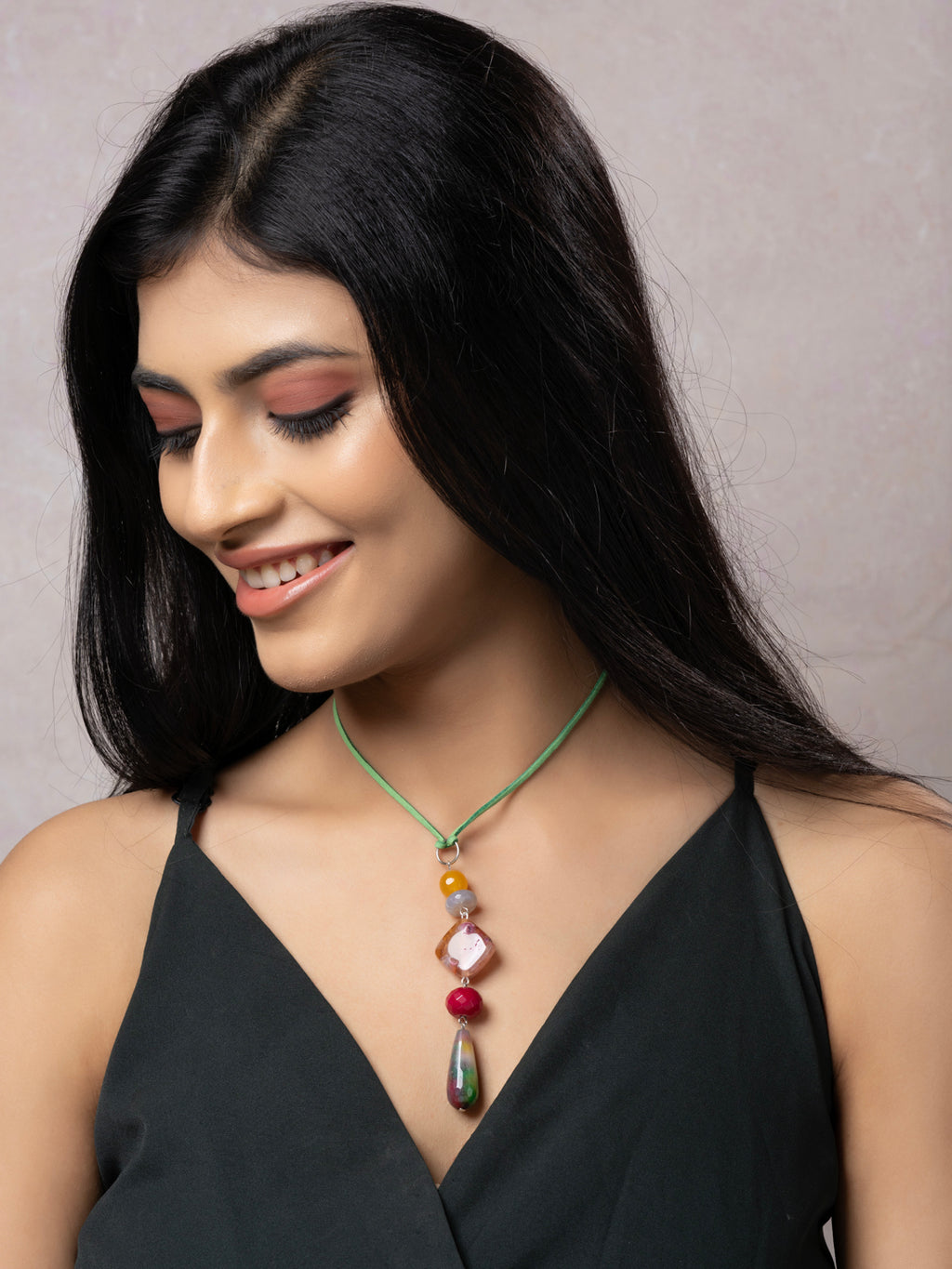 Semi Precious Yellow Pink Green Onyx Agate Sleek necklace with adjustable Suede Cord LOOK AND ADORN - designed for you