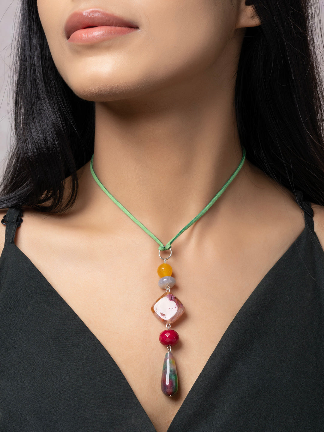 Semi Precious Yellow Pink Green Onyx Agate Sleek necklace with adjustable Suede Cord LOOK AND ADORN - designed for you