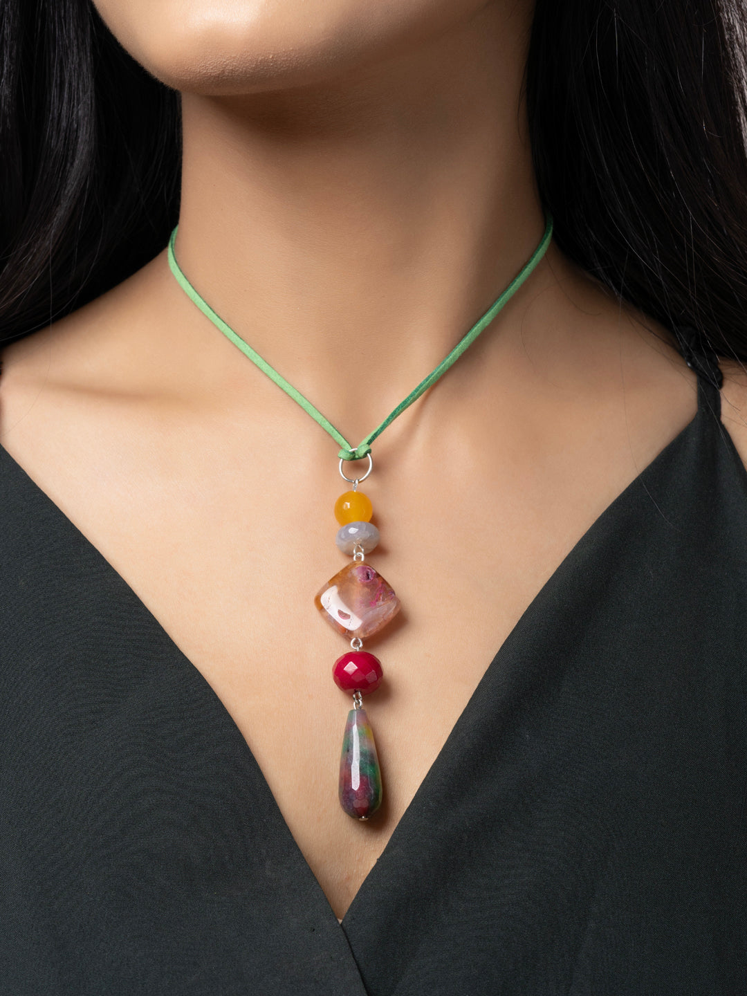 Semi Precious Yellow Pink Green Onyx Agate Sleek necklace with adjustable Suede Cord LOOK AND ADORN - designed for you