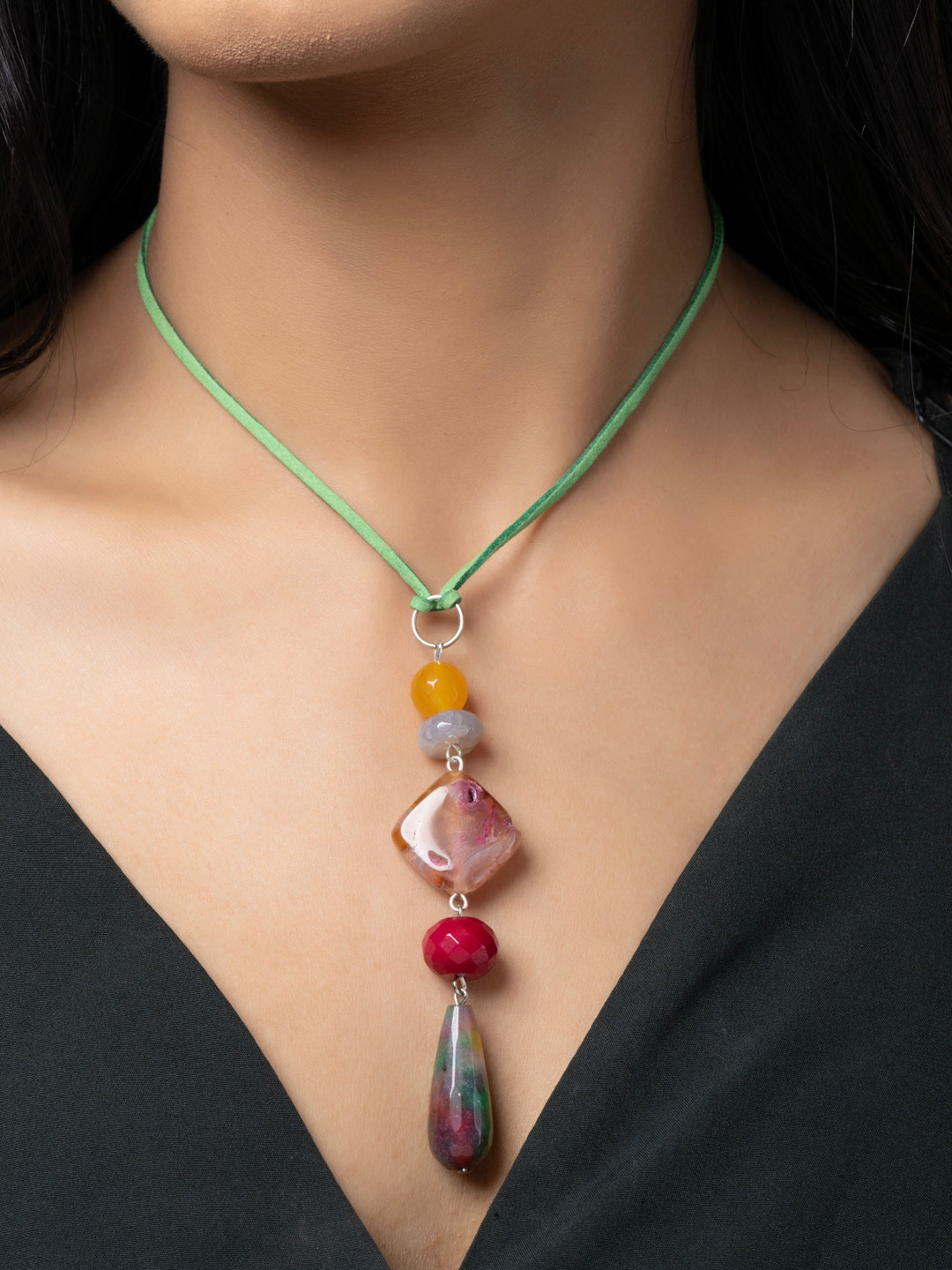 Semi Precious Yellow Pink Green Onyx Agate Sleek necklace with adjustable Suede Cord LOOK AND ADORN - designed for you