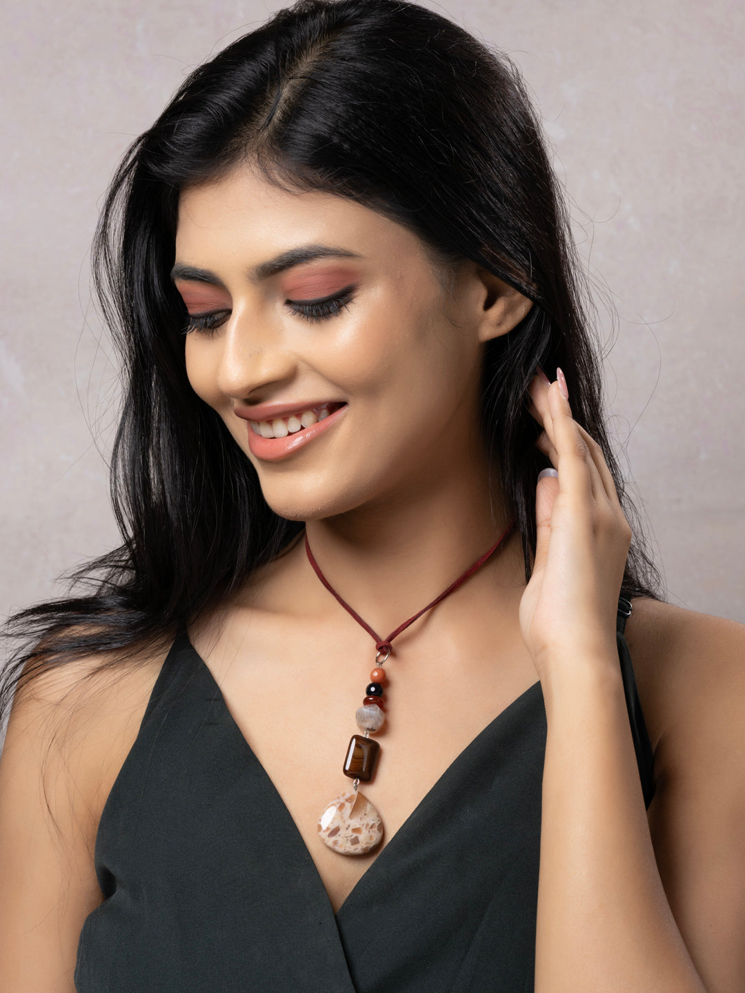 Semi Precious Brown Black Onyx Jasper Agate Sleek necklace with adjustable Suede Cord LOOK AND ADORN - designed for you