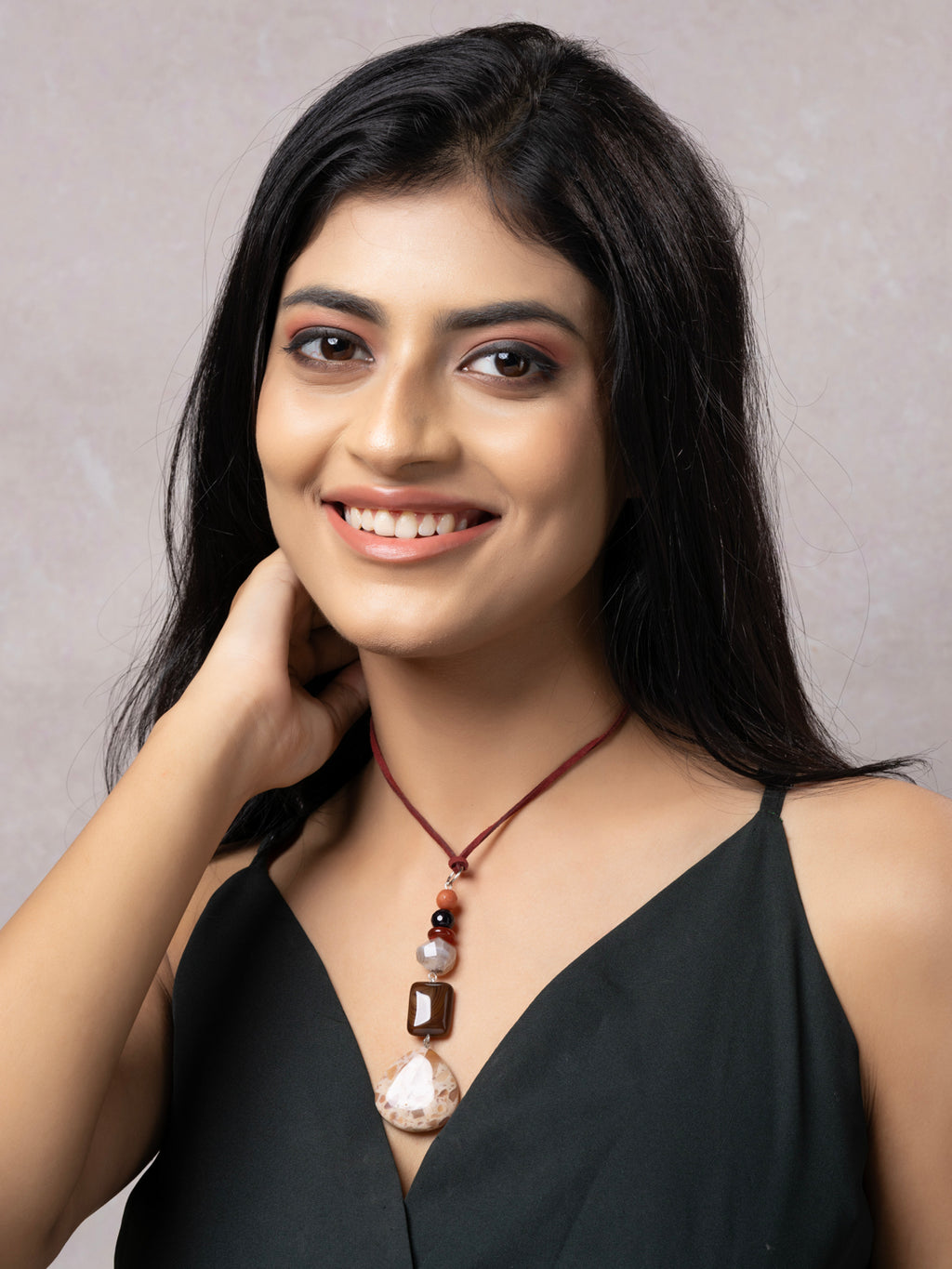 Semi Precious Brown Black Onyx Jasper Agate Sleek necklace with adjustable Suede Cord LOOK AND ADORN - designed for you