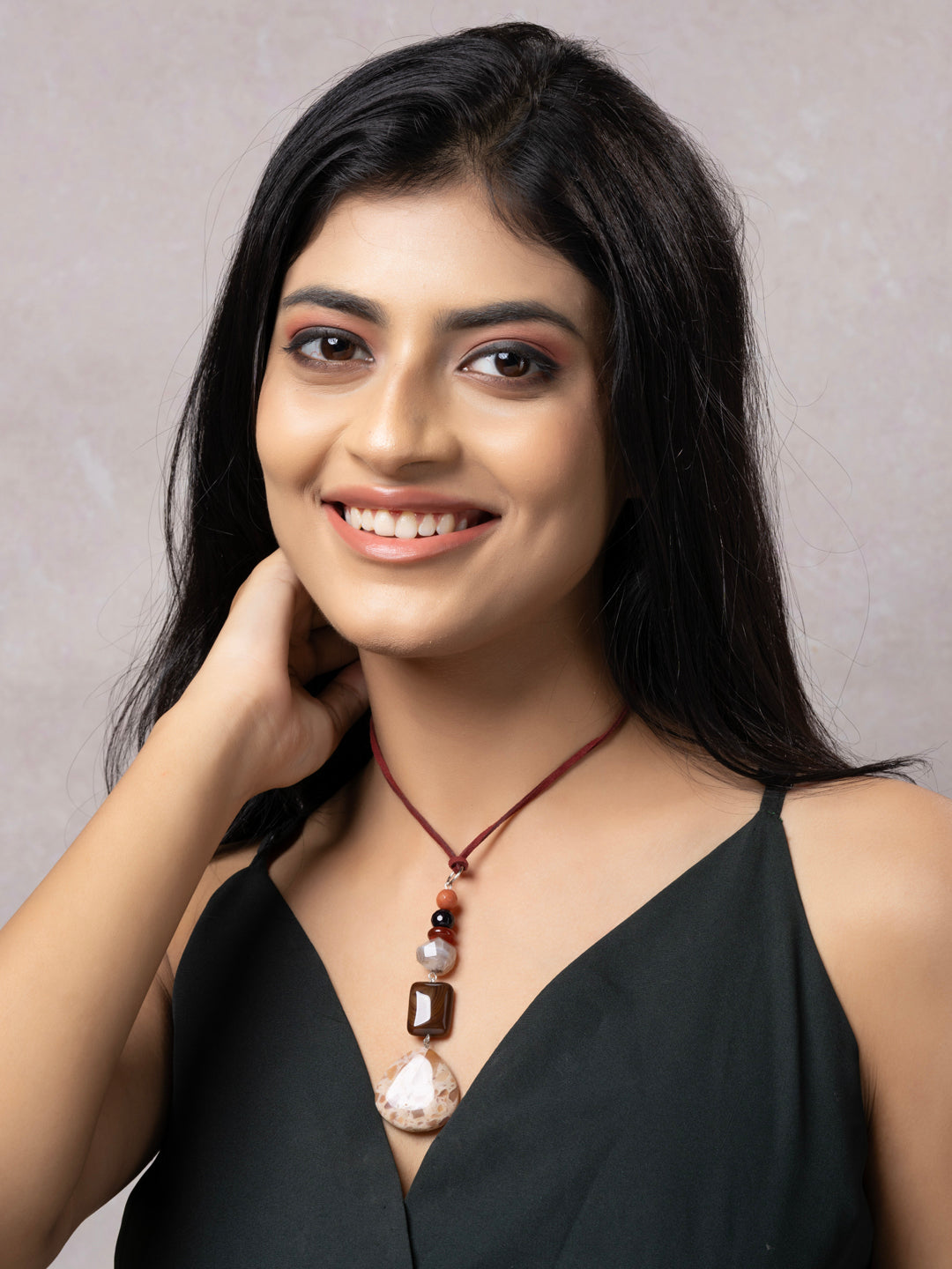 Semi Precious Brown Black Onyx Jasper Agate Sleek necklace with adjustable Suede Cord LOOK AND ADORN - designed for you