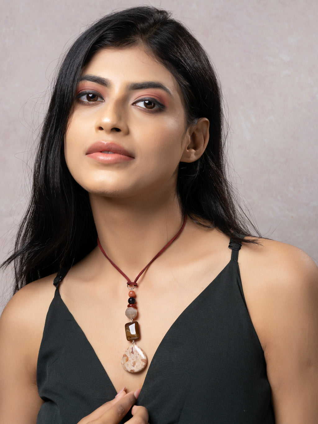 Semi Precious Brown Black Onyx Jasper Agate Sleek necklace with adjustable Suede Cord LOOK AND ADORN - designed for you