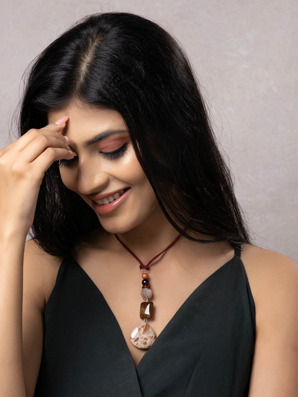Semi Precious Brown Black Onyx Jasper Agate Sleek necklace with adjustable Suede Cord LOOK AND ADORN - designed for you