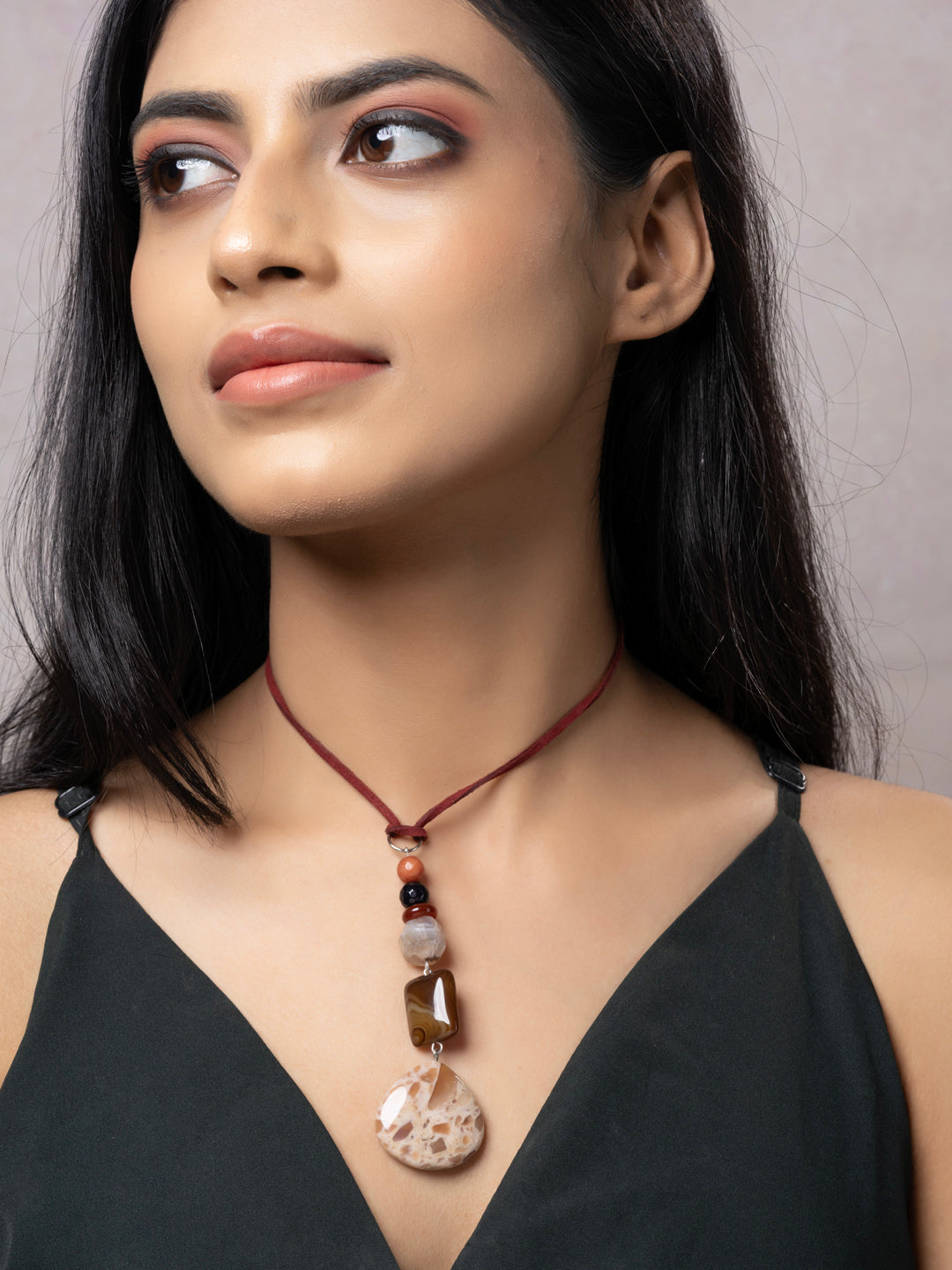 Semi Precious Brown Black Onyx Jasper Agate Sleek necklace with adjustable Suede Cord LOOK AND ADORN - designed for you
