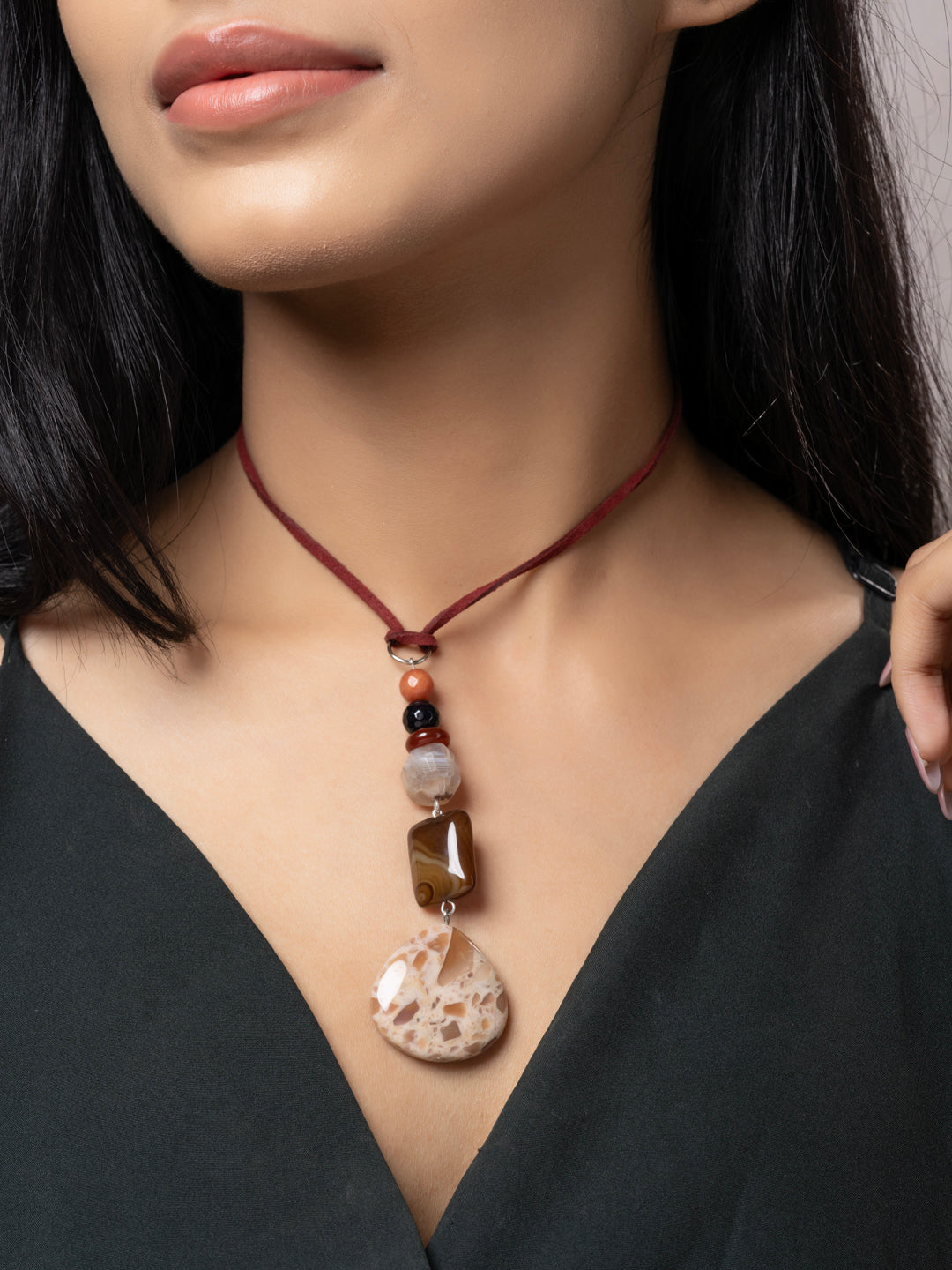Semi Precious Brown Black Onyx Jasper Agate Sleek necklace with adjustable Suede Cord LOOK AND ADORN - designed for you
