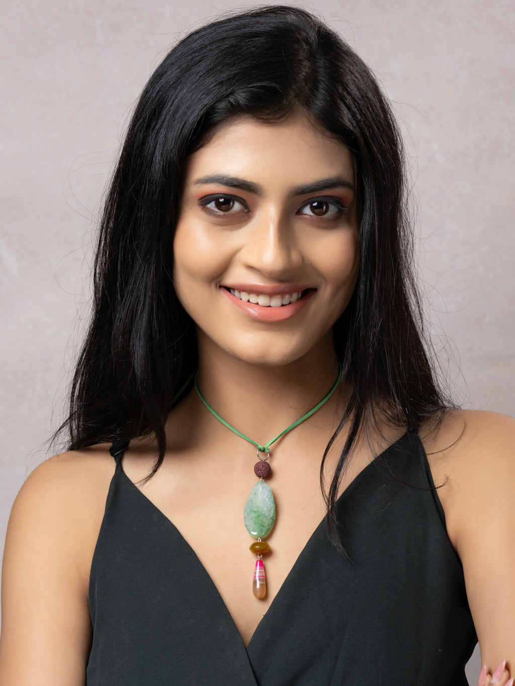 Semi Precious Pink Green Yellow Onyx Agate Lava Sleek Necklace with adjustable Suede Cord LOOK AND ADORN - designed for you