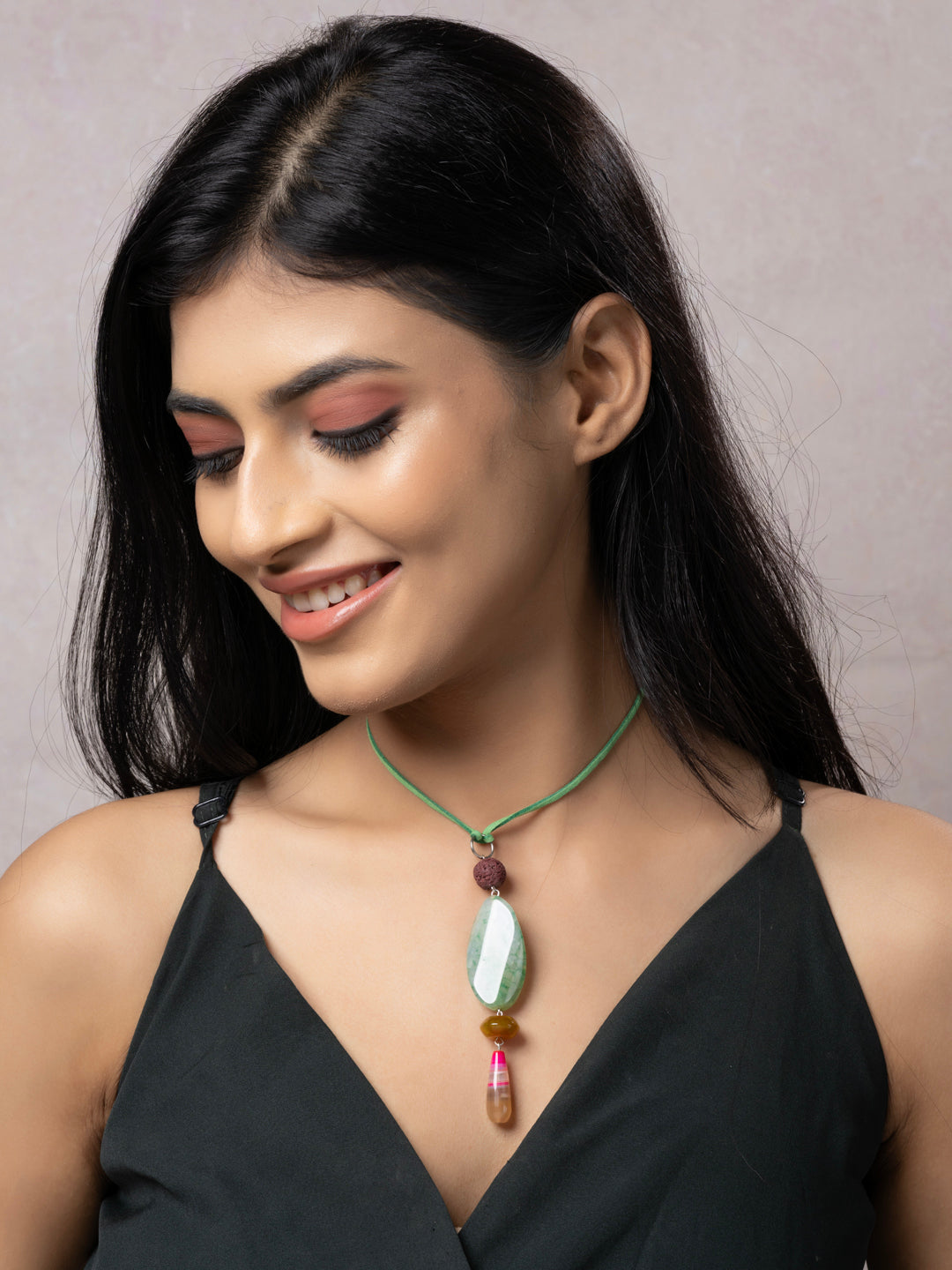 Semi Precious Pink Green Yellow Onyx Agate Lava Sleek Necklace with adjustable Suede Cord LOOK AND ADORN - designed for you