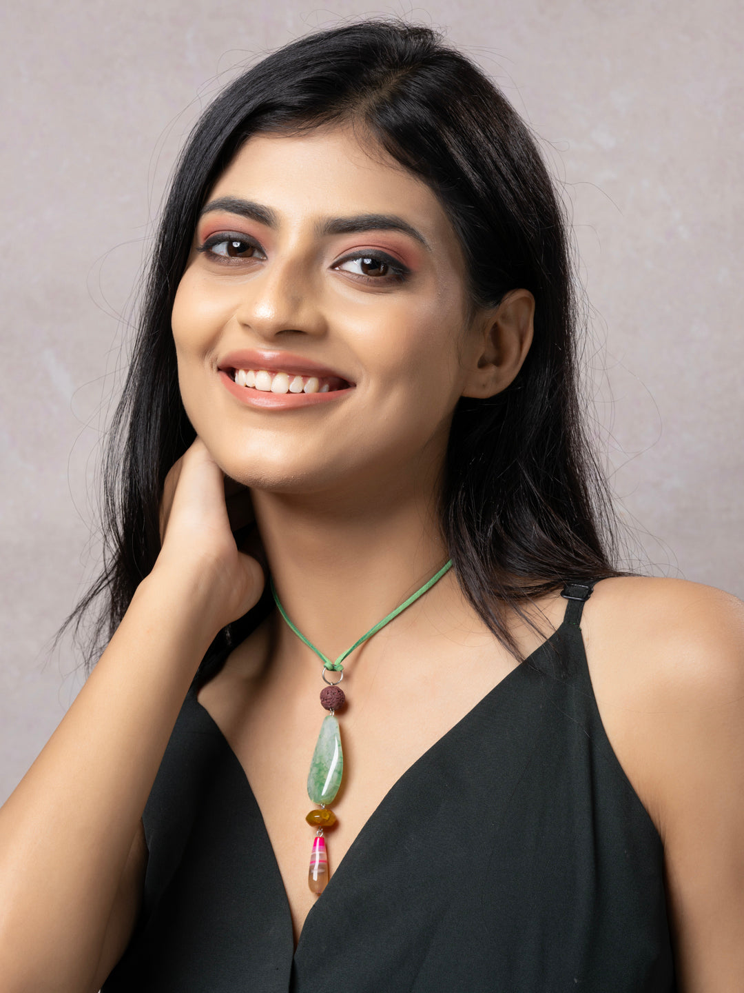 Semi Precious Pink Green Yellow Onyx Agate Lava Sleek Necklace with adjustable Suede Cord LOOK AND ADORN - designed for you