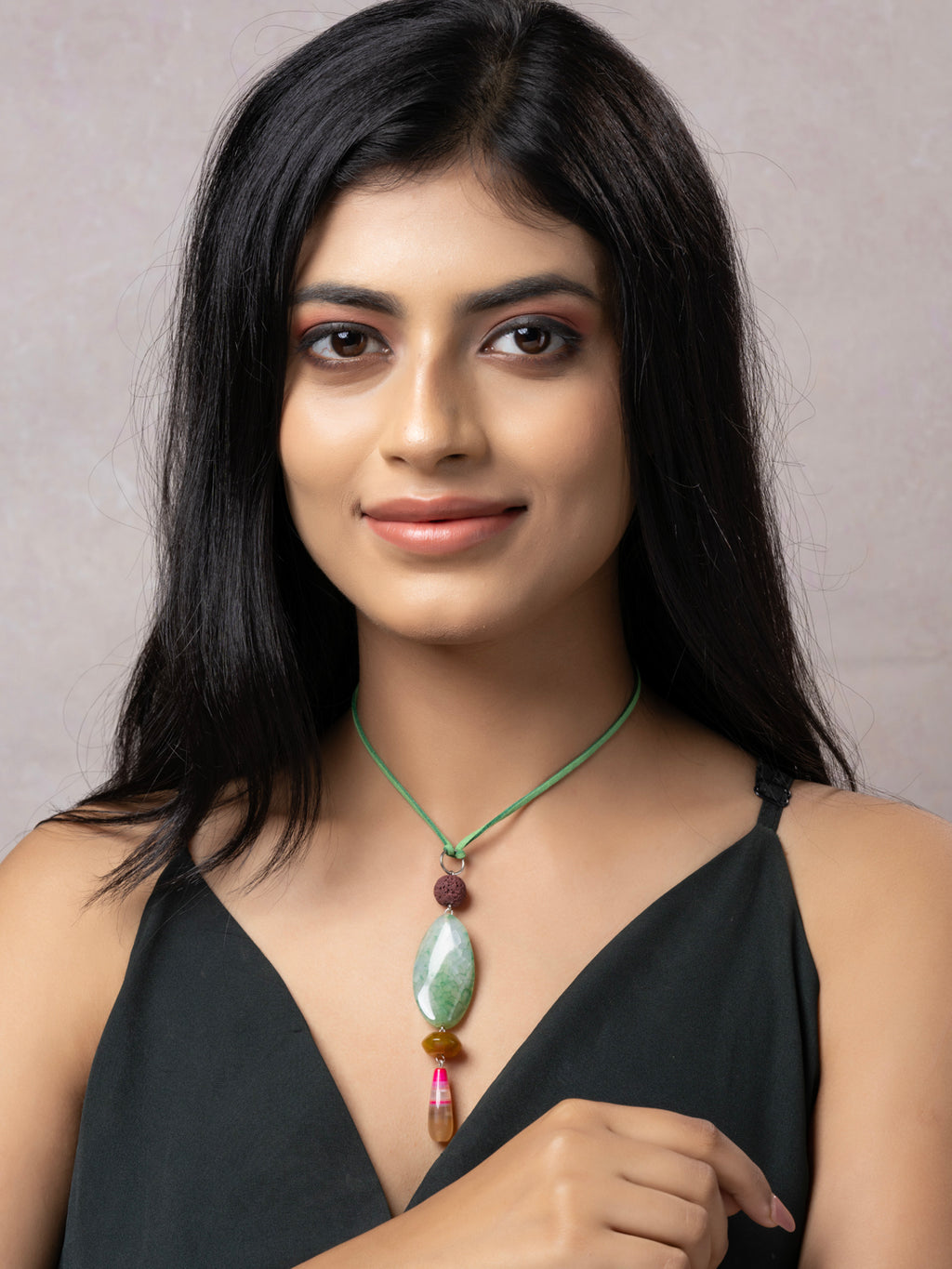 Semi Precious Pink Green Yellow Onyx Agate Lava Sleek Necklace with adjustable Suede Cord LOOK AND ADORN - designed for you
