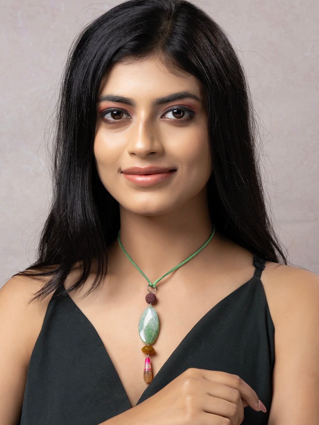 Semi Precious Pink Green Yellow Onyx Agate Lava Sleek Necklace with adjustable Suede Cord LOOK AND ADORN - designed for you
