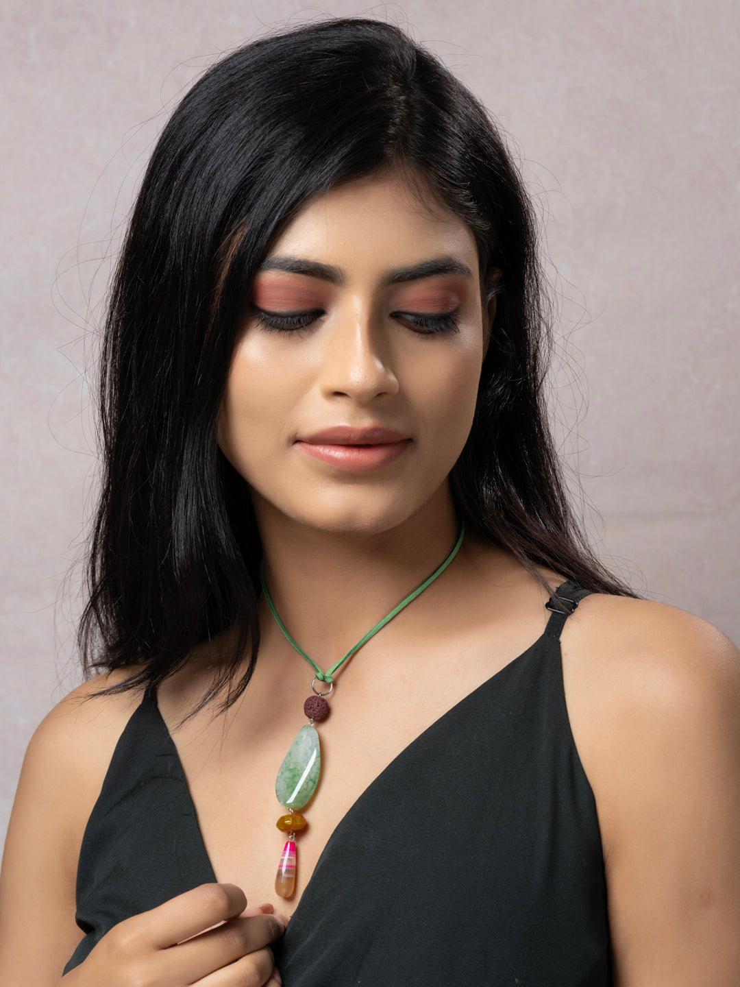 Semi Precious Pink Green Yellow Onyx Agate Lava Sleek Necklace with adjustable Suede Cord LOOK AND ADORN - designed for you