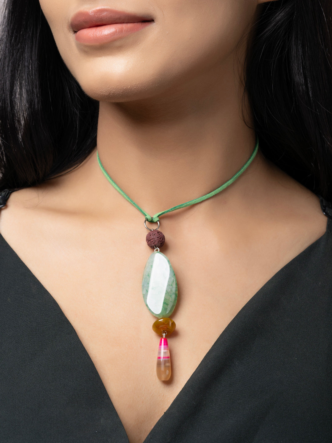 Semi Precious Pink Green Yellow Onyx Agate Lava Sleek Necklace with adjustable Suede Cord LOOK AND ADORN - designed for you
