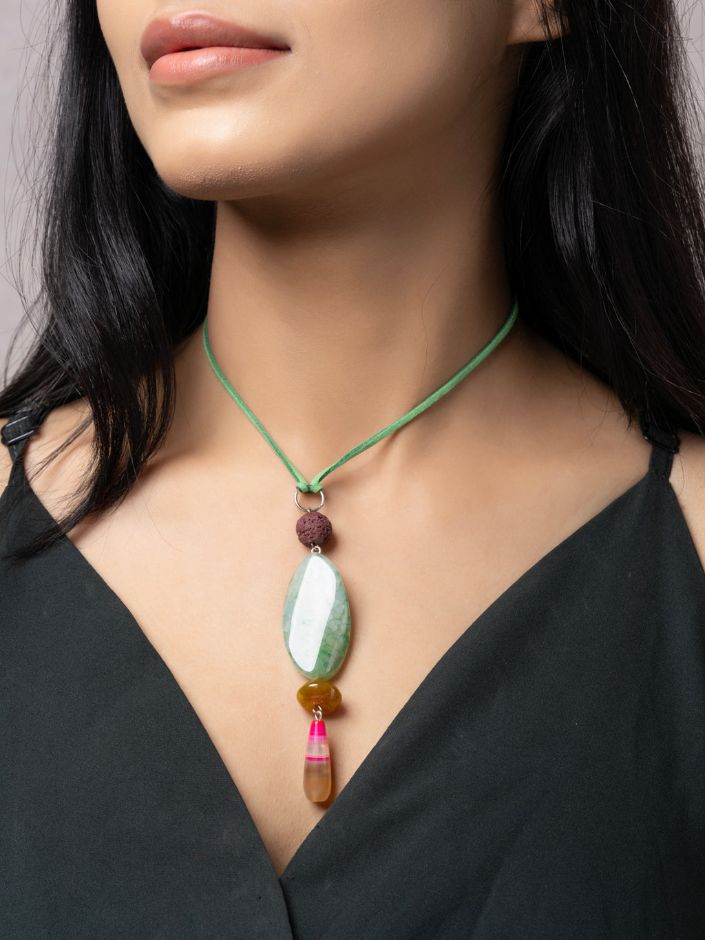 Semi Precious Pink Green Yellow Onyx Agate Lava Sleek Necklace with adjustable Suede Cord LOOK AND ADORN - designed for you