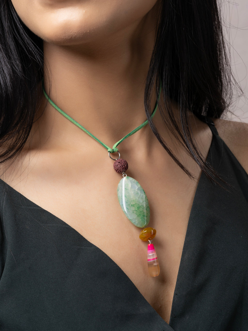 Semi Precious Pink Green Yellow Onyx Agate Lava Sleek Necklace with adjustable Suede Cord LOOK AND ADORN - designed for you