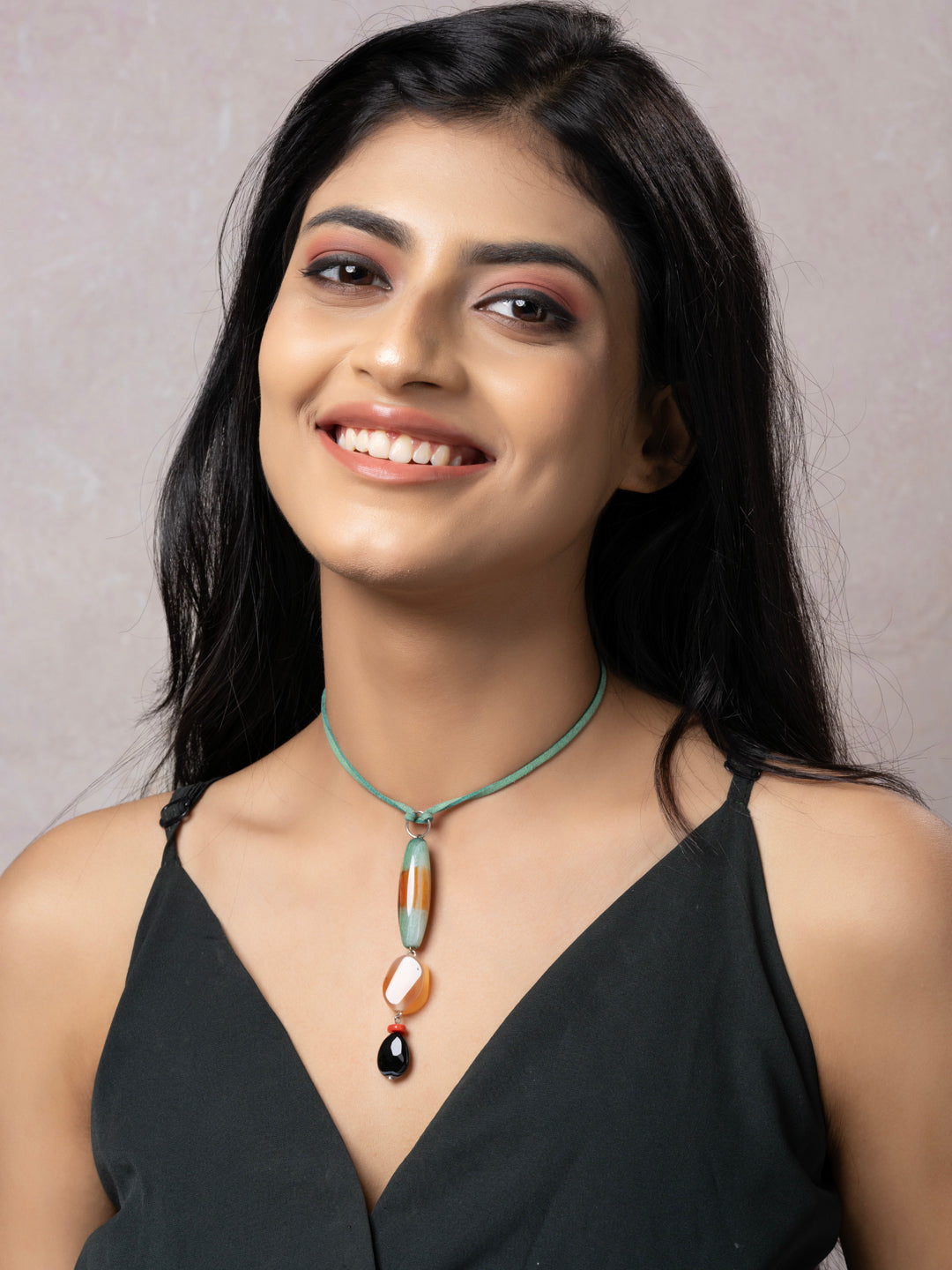 Semi Precious Brown Green Black Onyx Agate Sleek Necklace with adjustable Suede Cord LOOK AND ADORN - designed for you