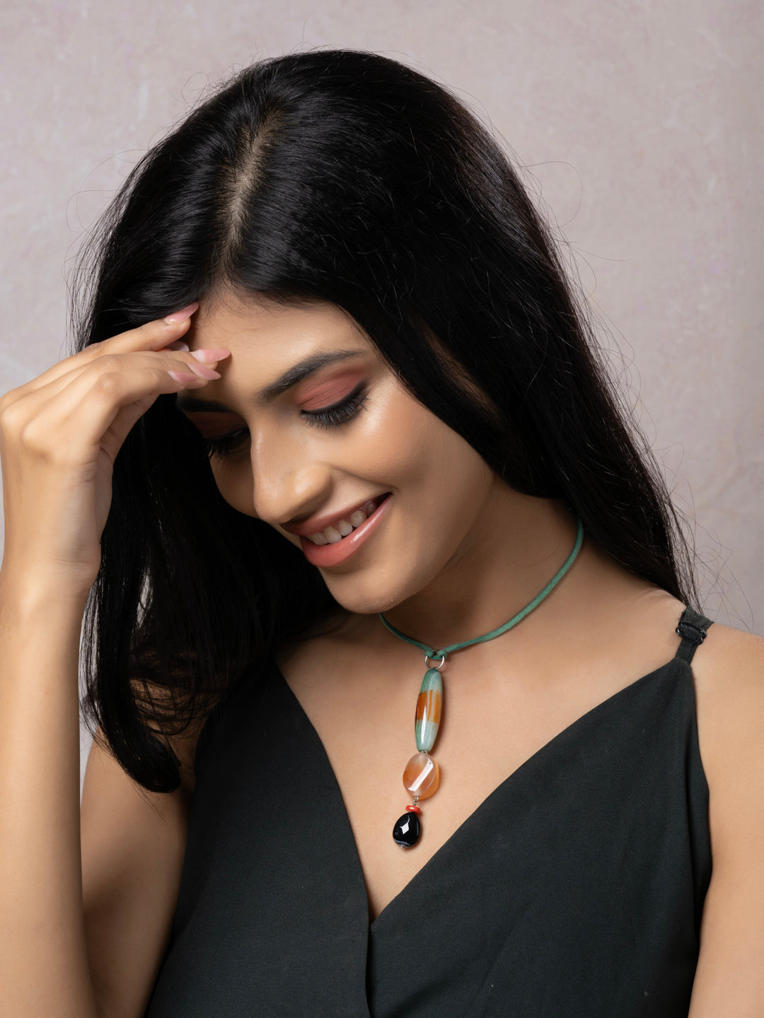 Semi Precious Brown Green Black Onyx Agate Sleek Necklace with adjustable Suede Cord LOOK AND ADORN - designed for you