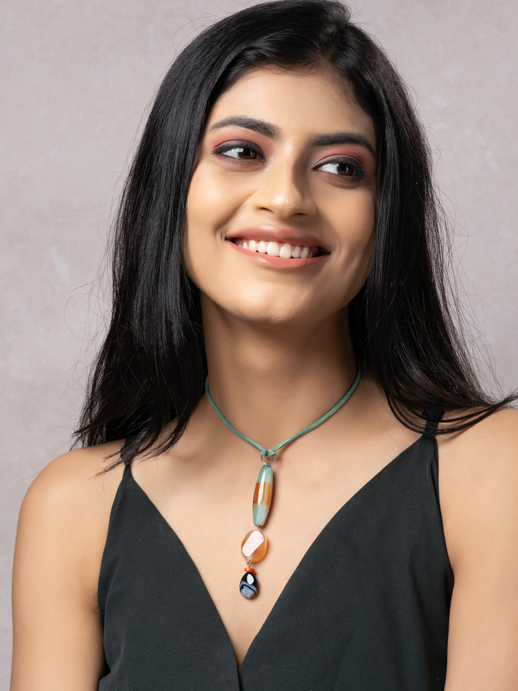 Semi Precious Brown Green Black Onyx Agate Sleek Necklace with adjustable Suede Cord LOOK AND ADORN - designed for you