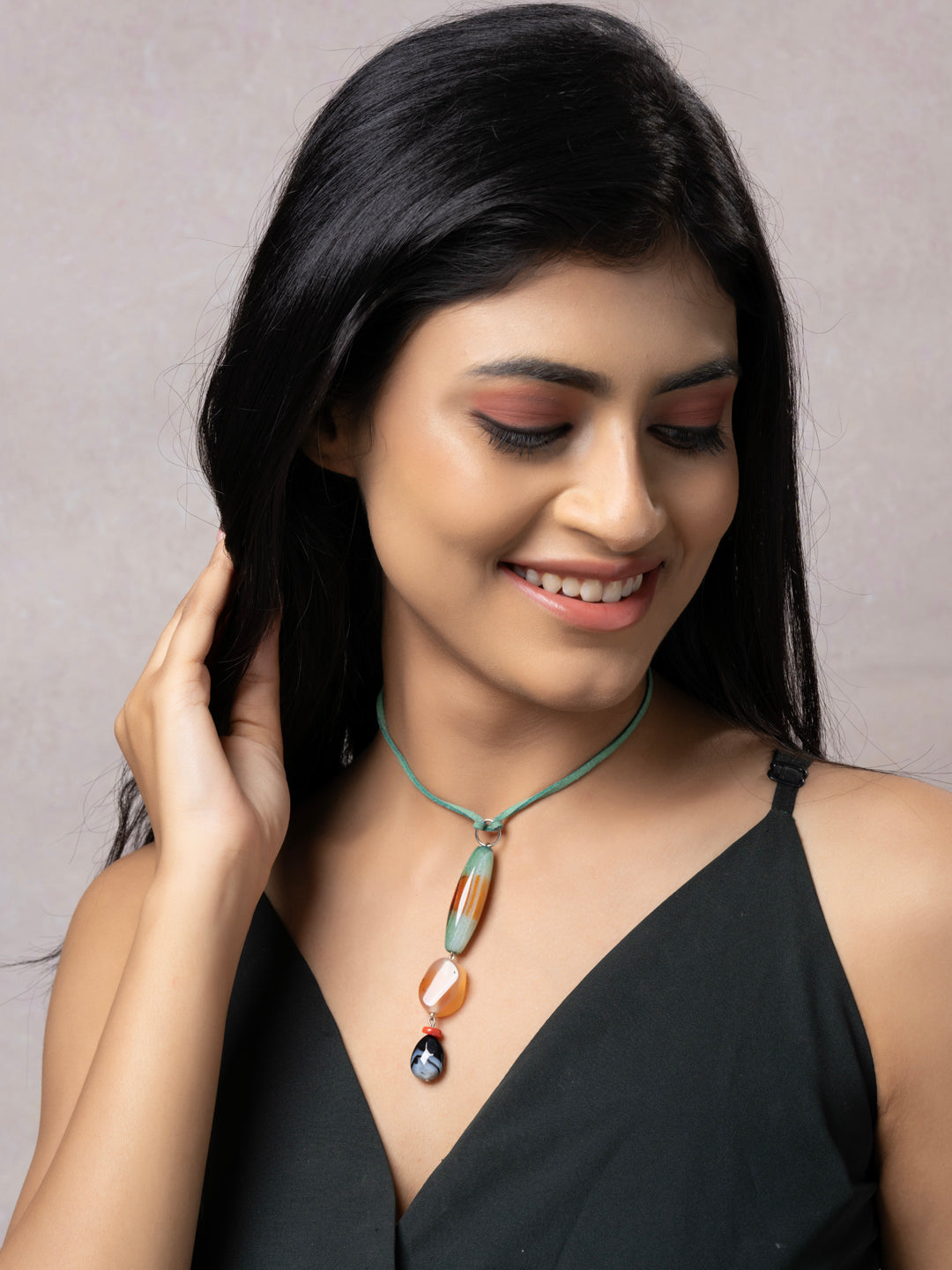 Semi Precious Brown Green Black Onyx Agate Sleek Necklace with adjustable Suede Cord LOOK AND ADORN - designed for you