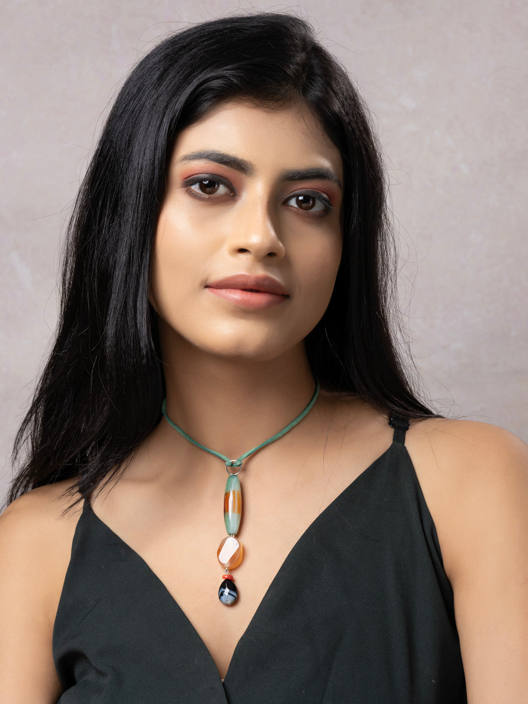 Semi Precious Brown Green Black Onyx Agate Sleek Necklace with adjustable Suede Cord LOOK AND ADORN - designed for you
